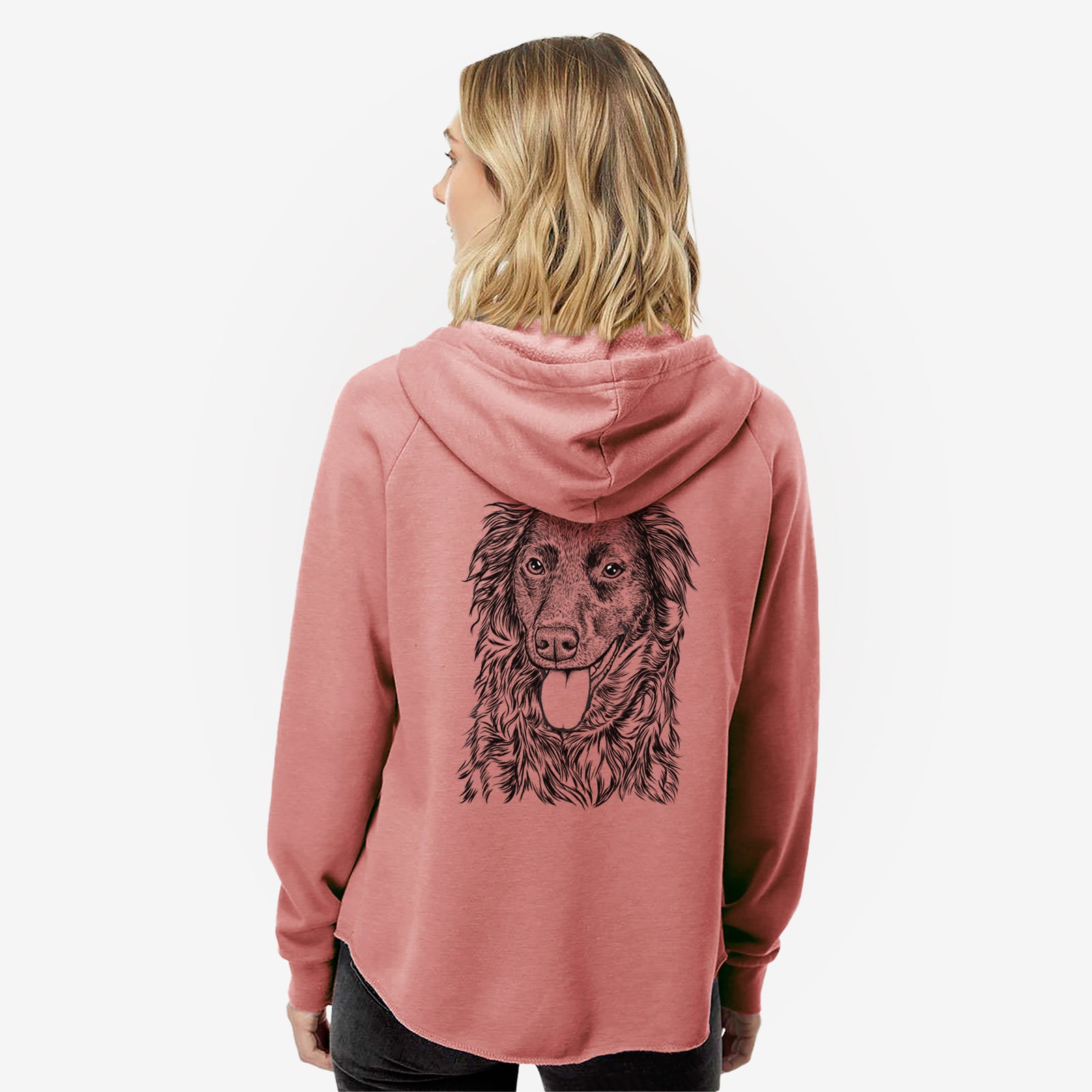 Hand-drawn sketch of Maisie Mae the Aussiedor on a Dusty Rose Women's cali wave zip-up sweatshirt