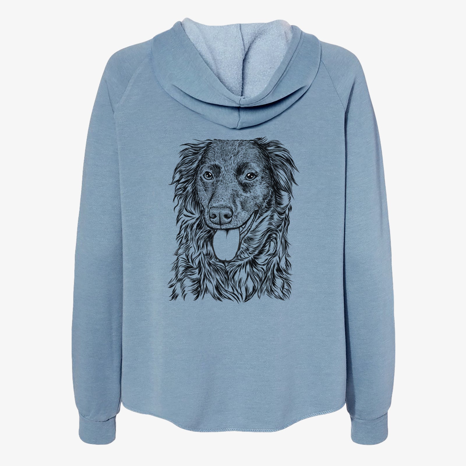 Hand-drawn sketch of Maisie Mae the Aussiedor on a Misty Blue Women's cali wave zip-up sweatshirt