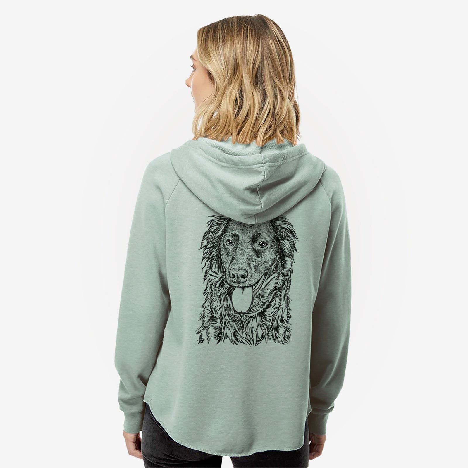 Hand-drawn sketch of Maisie Mae the Aussiedor on a Sage Women's cali wave zip-up sweatshirt