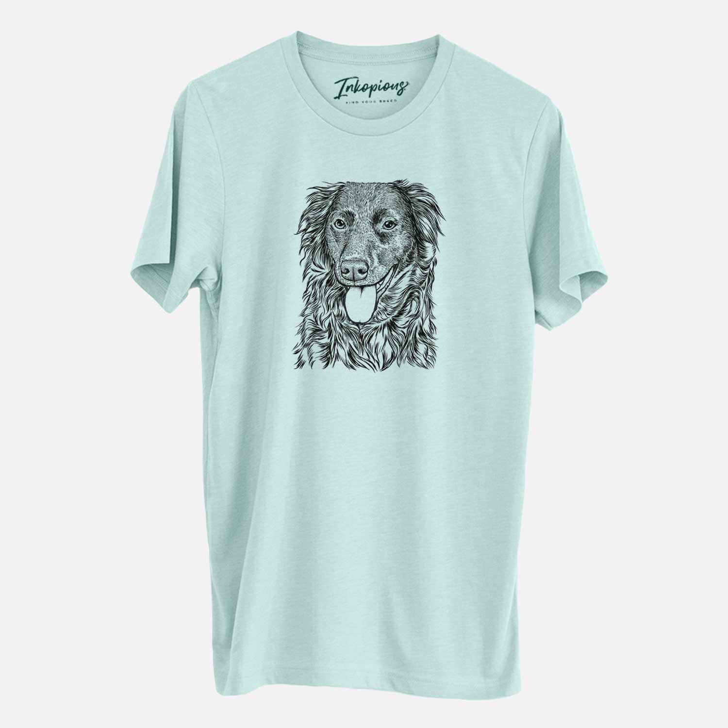 Hand-drawn sketch of Maisie Mae the Aussiedor on a Heather Sage Unisex crewneck