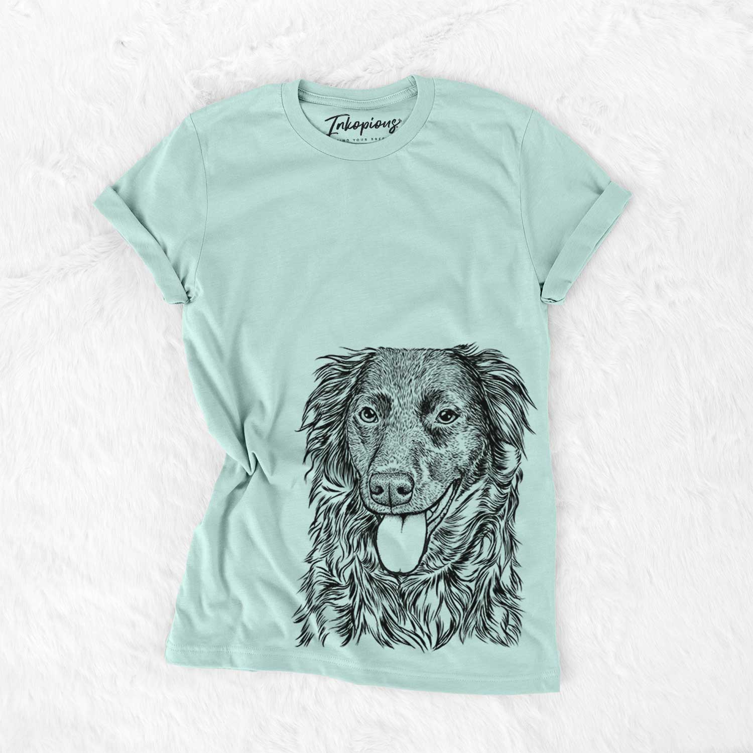 Hand-drawn sketch of Maisie the Aussiedor on a Heather Sage Bella Canvas Unisex Crewneck