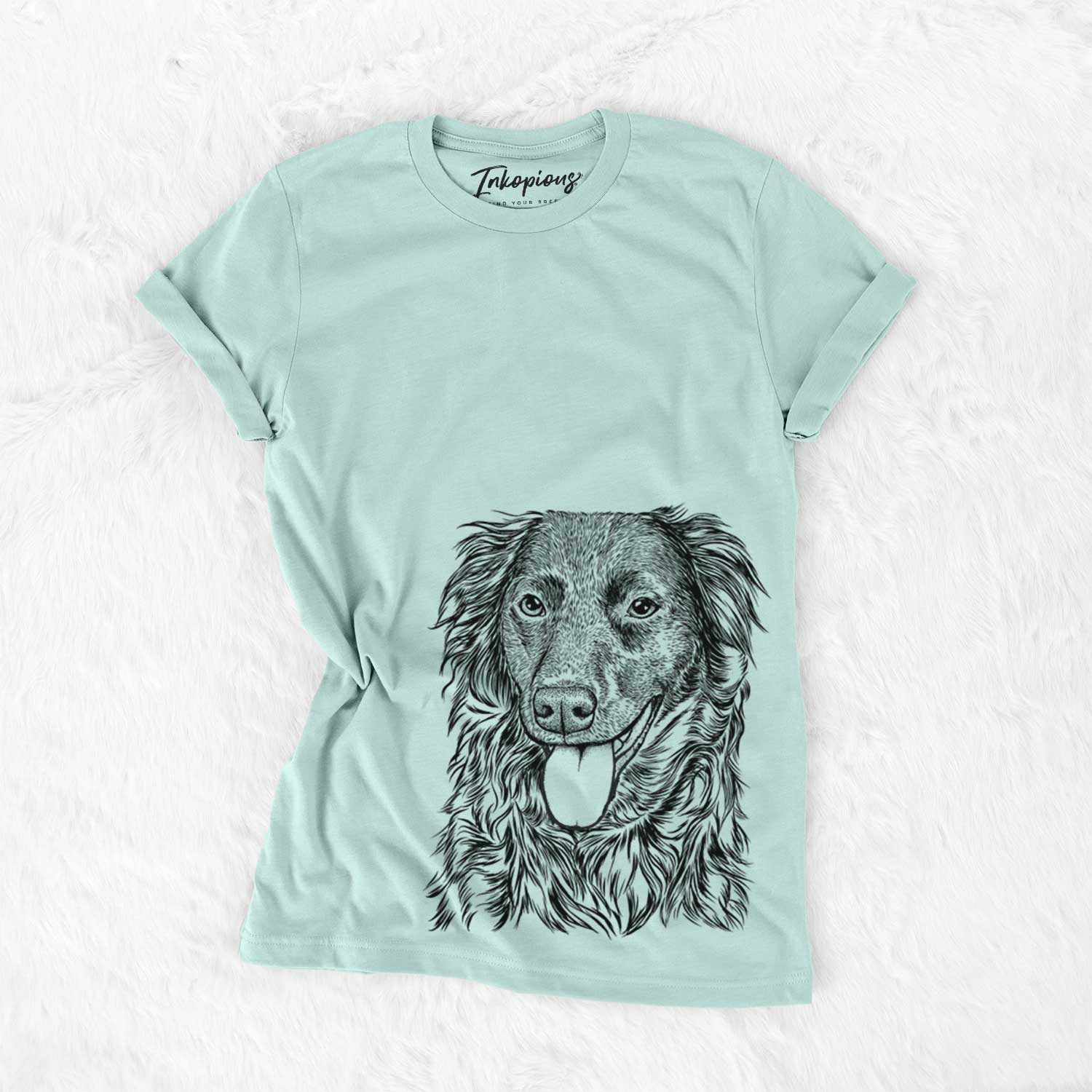 Hand-drawn sketch of Maisie Mae the Aussiedor on a Heather Sage Unisex crewneck