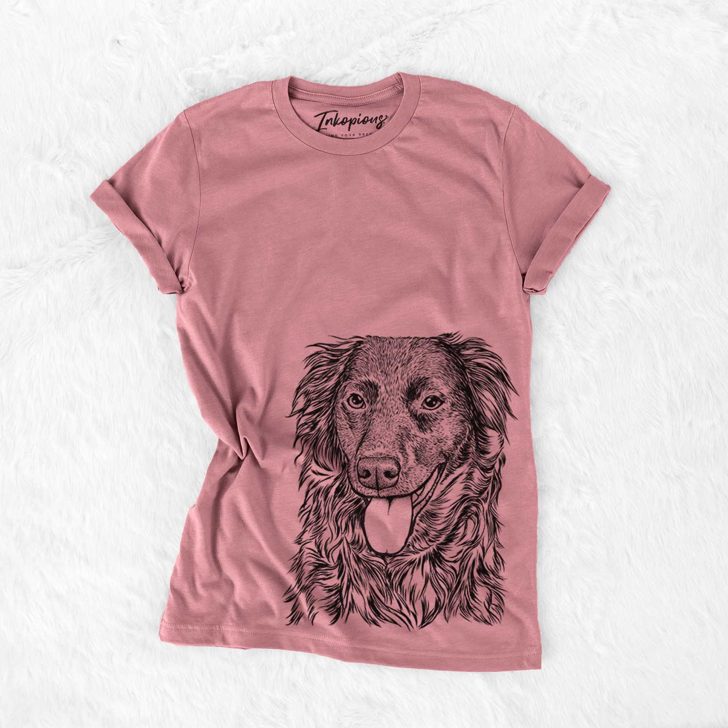 Hand-drawn sketch of Maisie the Aussiedor on a Mauve Bella Canvas Unisex Crewneck