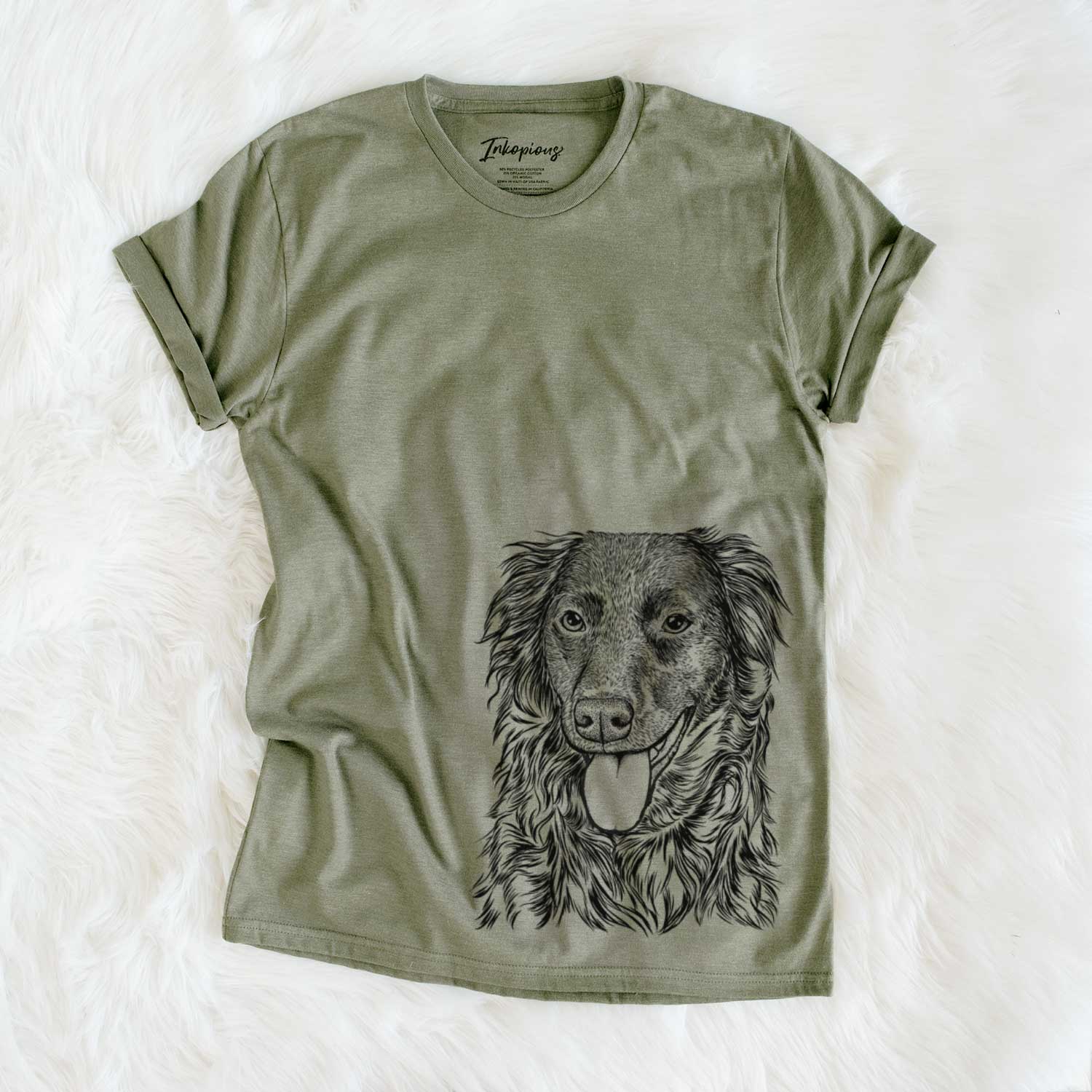 Hand-drawn sketch of Maisie Mae the Aussiedor on an Olive Unisex crewneck