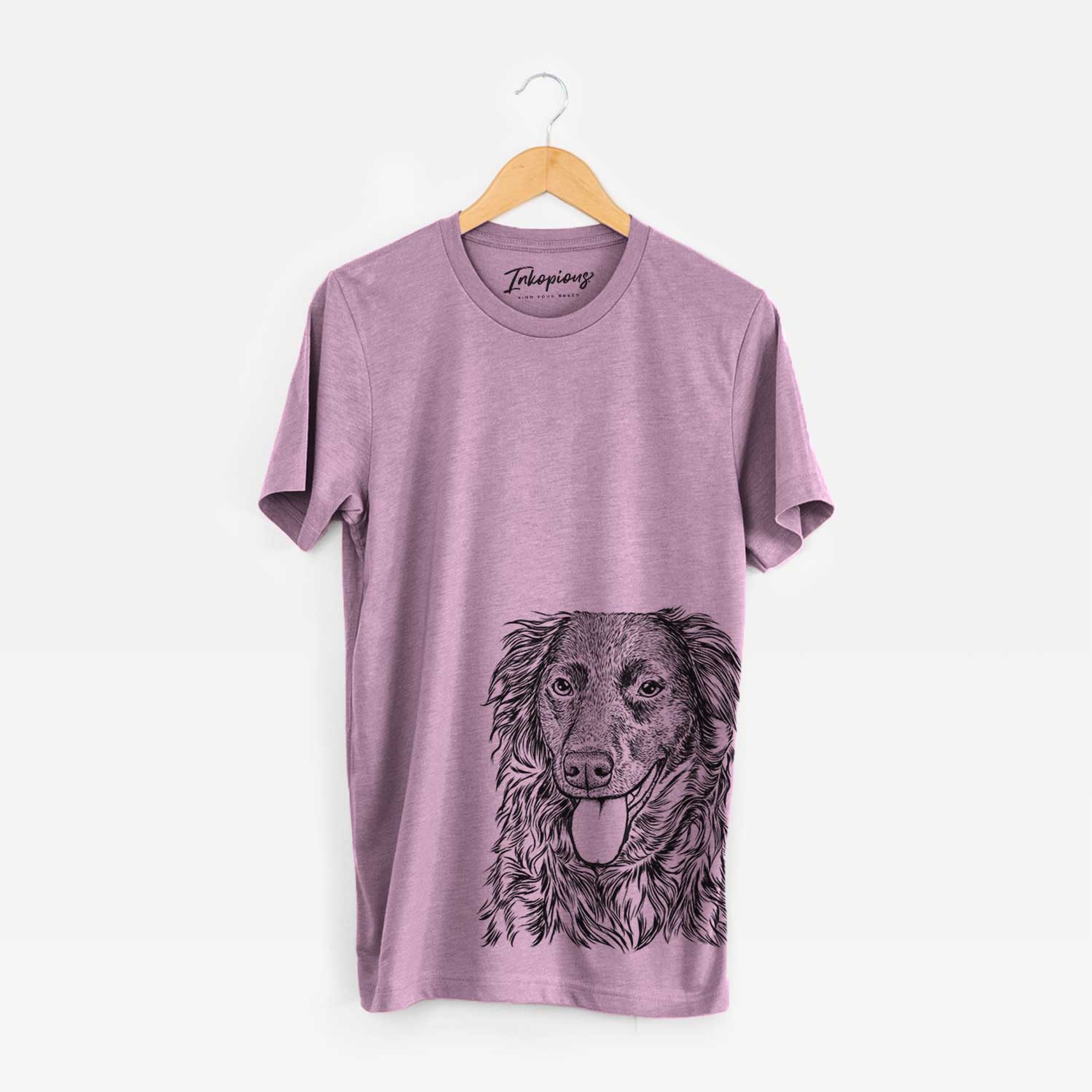 Hand-drawn sketch of Maisie the Aussiedor on an Orchid Bella Canvas Unisex Crewneck