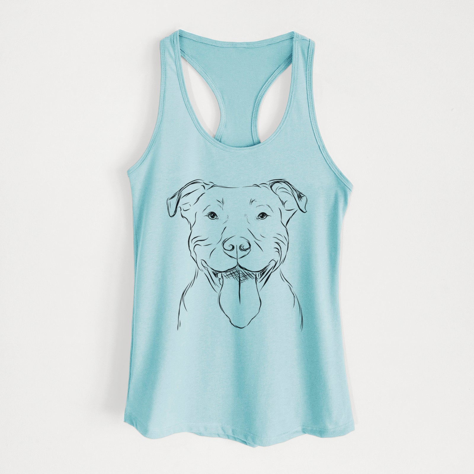 Hand-drawn sketch of Major the Pitbull on a Cancun Blue Women's racerback tanktop
