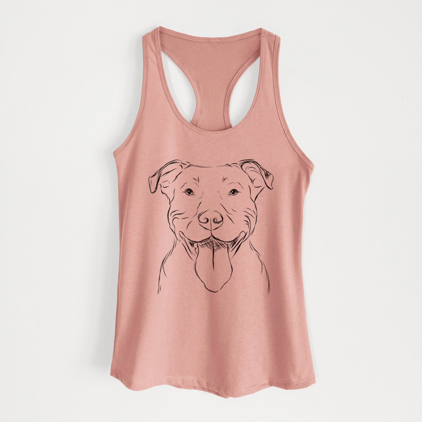 Hand-drawn sketch of Major the Pitbull on a Desert Pink Women's racerback tanktop