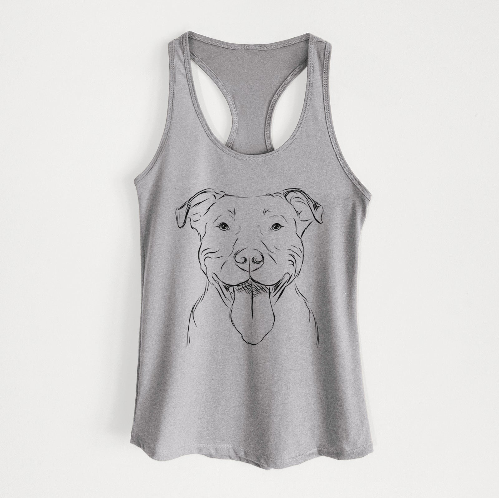 Hand-drawn sketch of Major the Pitbull on a Heather Grey Women's racerback tanktop
