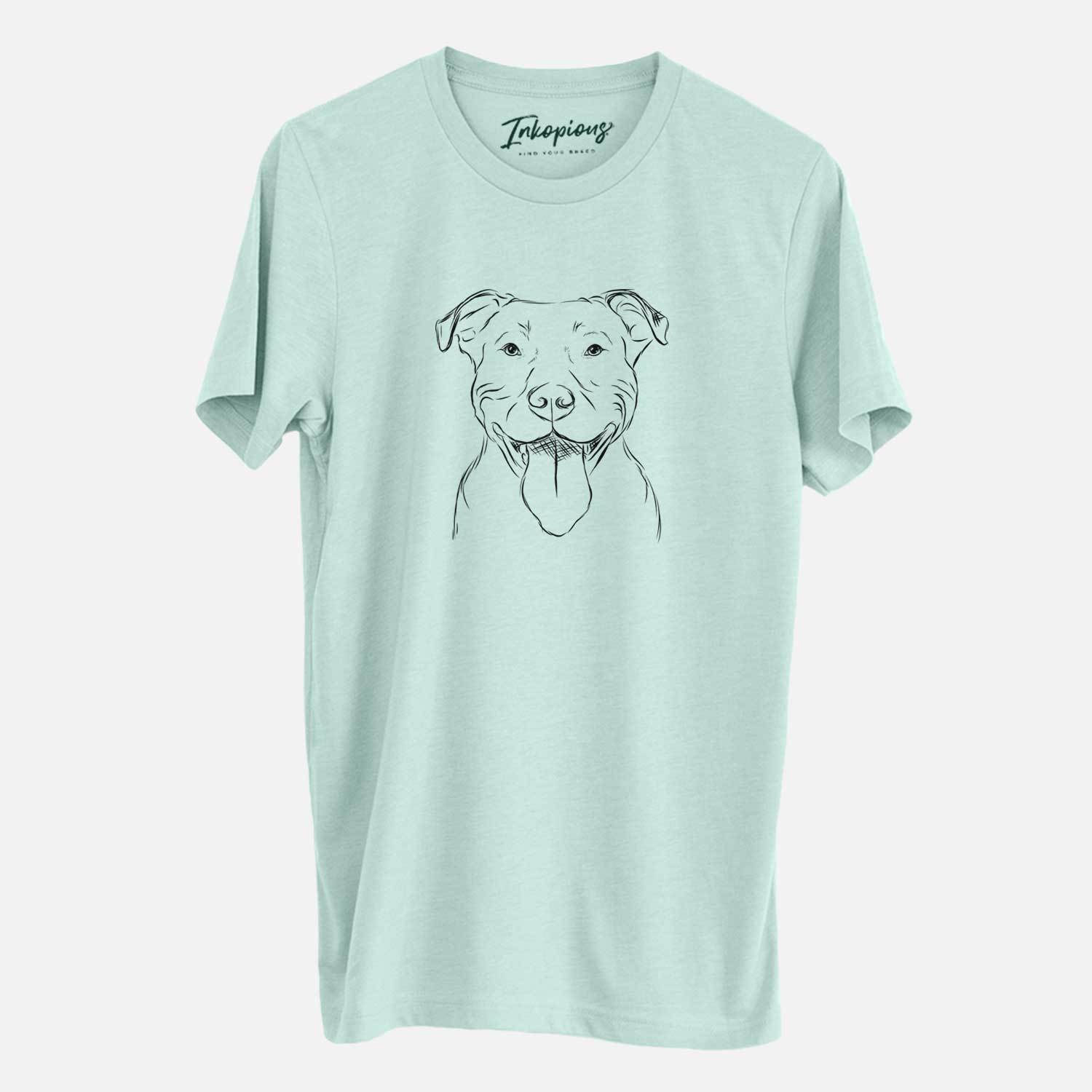 Hand-drawn sketch of Major the Pitbull on a Heather Sage Unisex crewneck