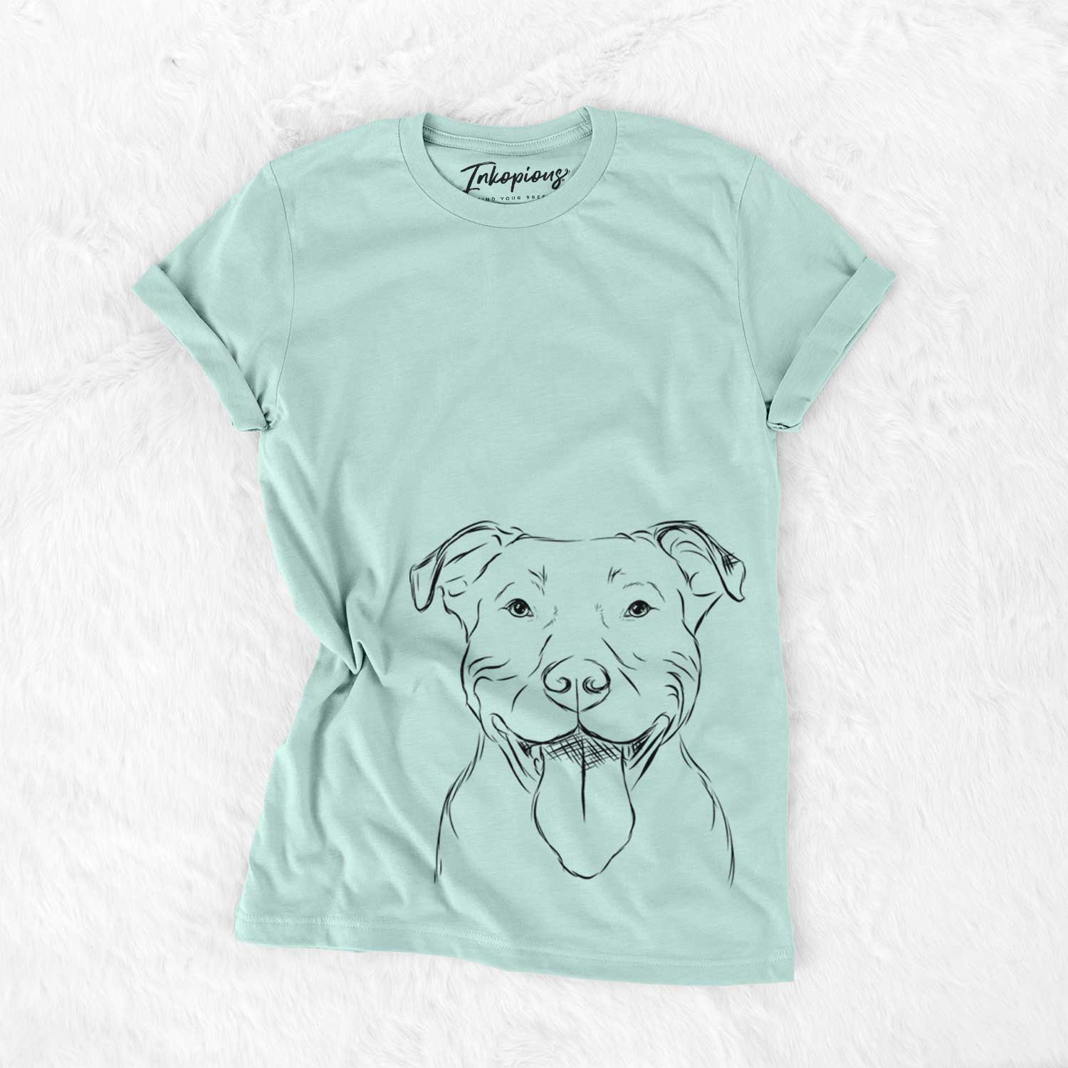 Hand-drawn sketch of Major the Pitbull on a Heather Sage Bella Canvas Unisex Crewneck