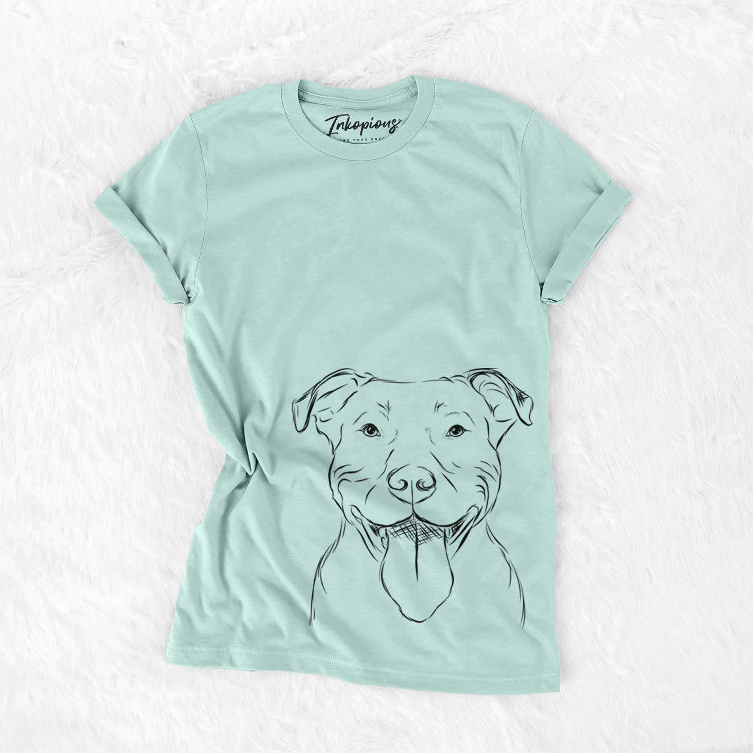 Hand-drawn sketch of Major the Pitbull on a Heather Sage Unisex crewneck