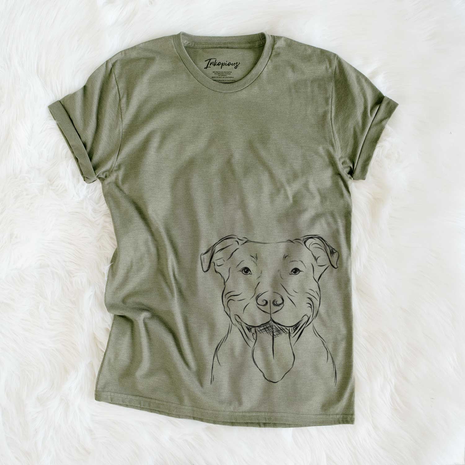 Hand-drawn sketch of Major the Pitbull on an Olive Unisex crewneck