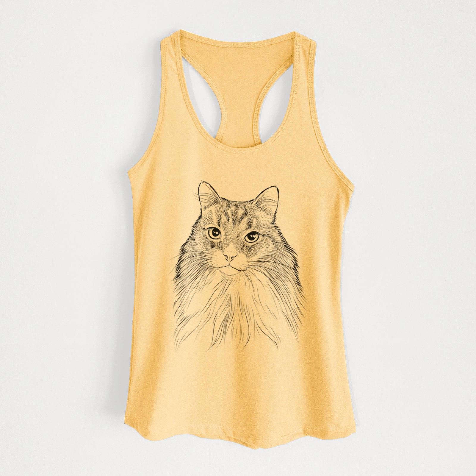 Hand-drawn sketch of Maks the Siberian Cat on a Banana Cream Women's racerback tanktop