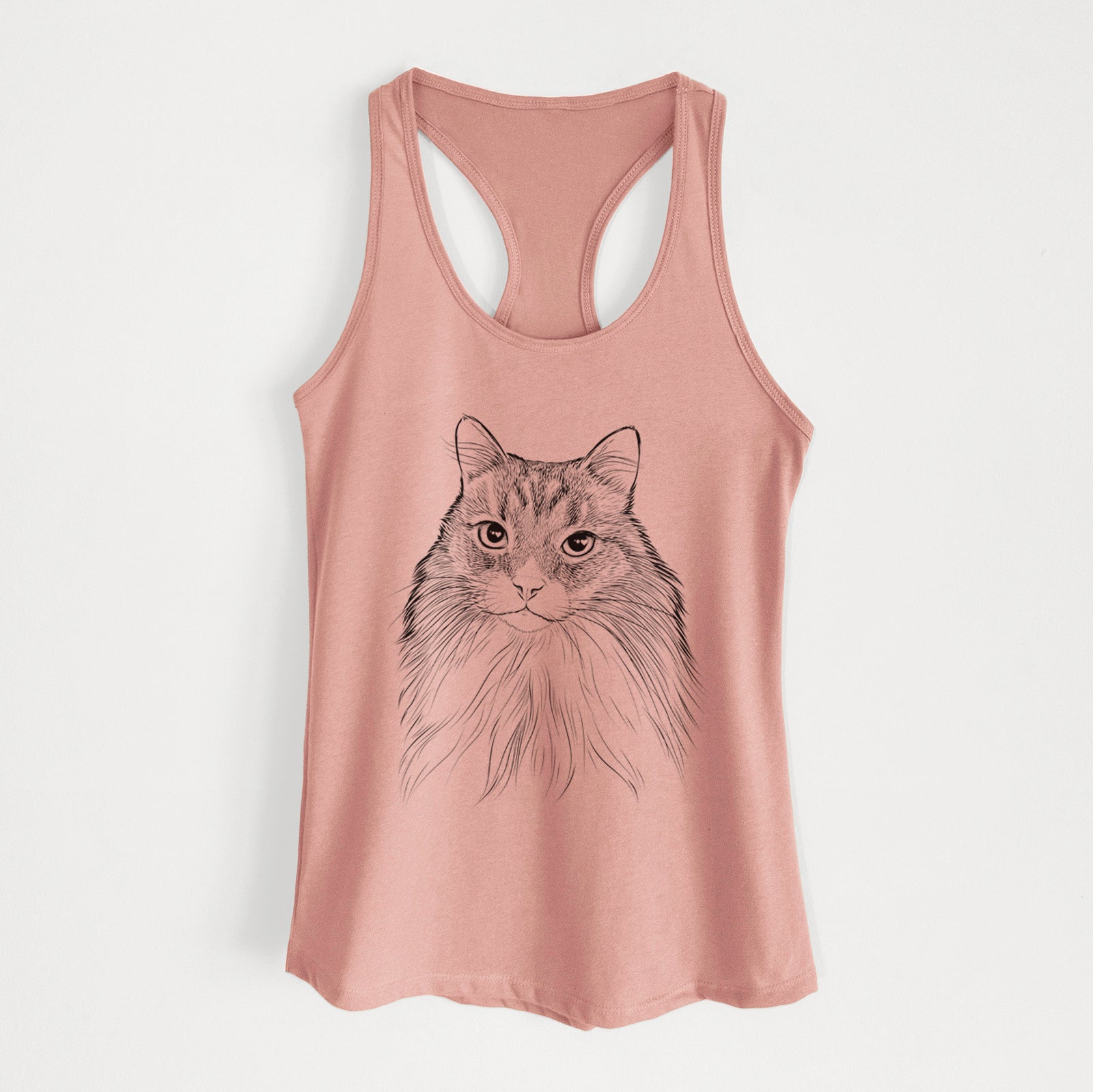 Hand-drawn sketch of Maks the Siberian Cat on a Desert Pink Women's racerback tanktop