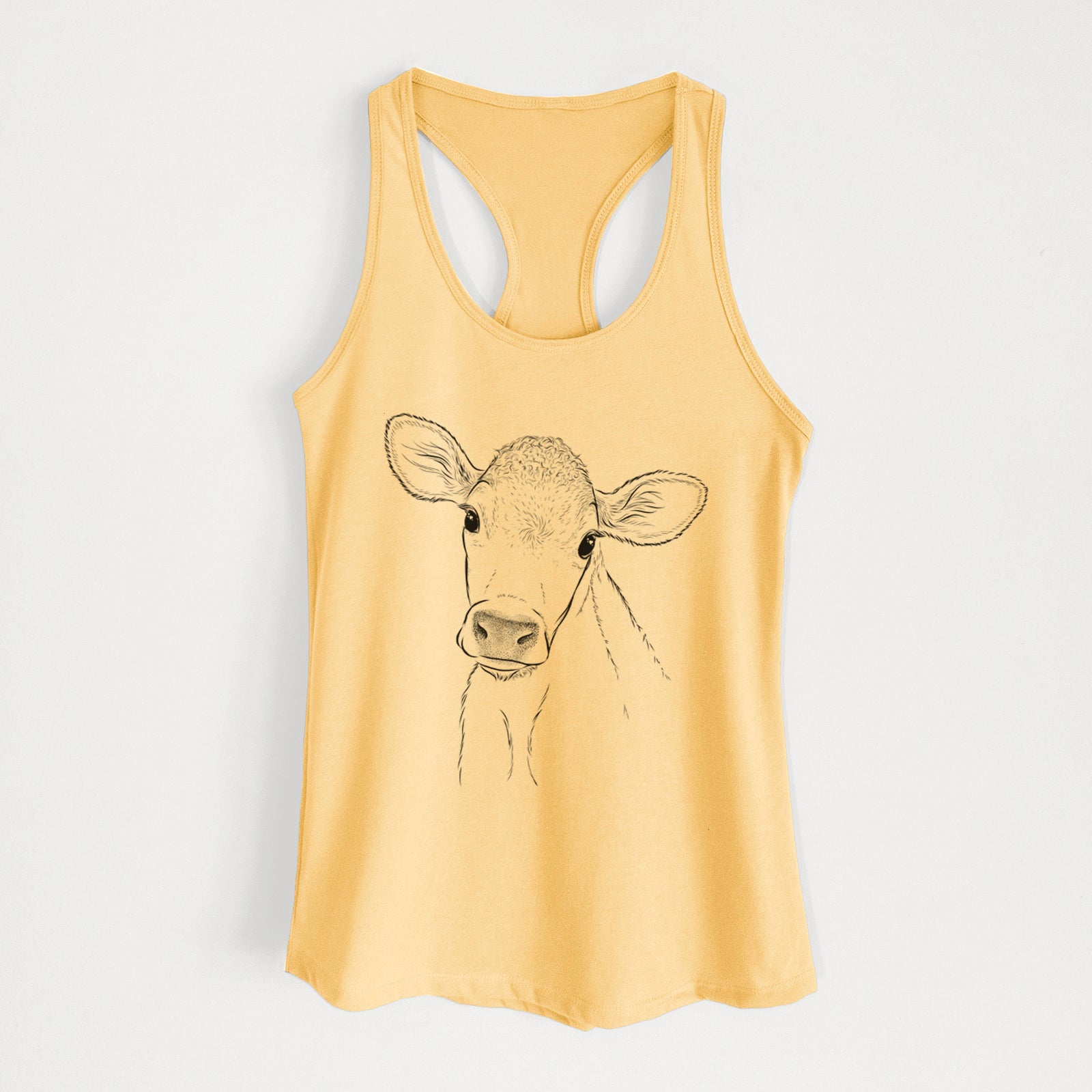 Hand-drawn sketch of Malu the Cow on a Banana Cream Women's racerback tanktop