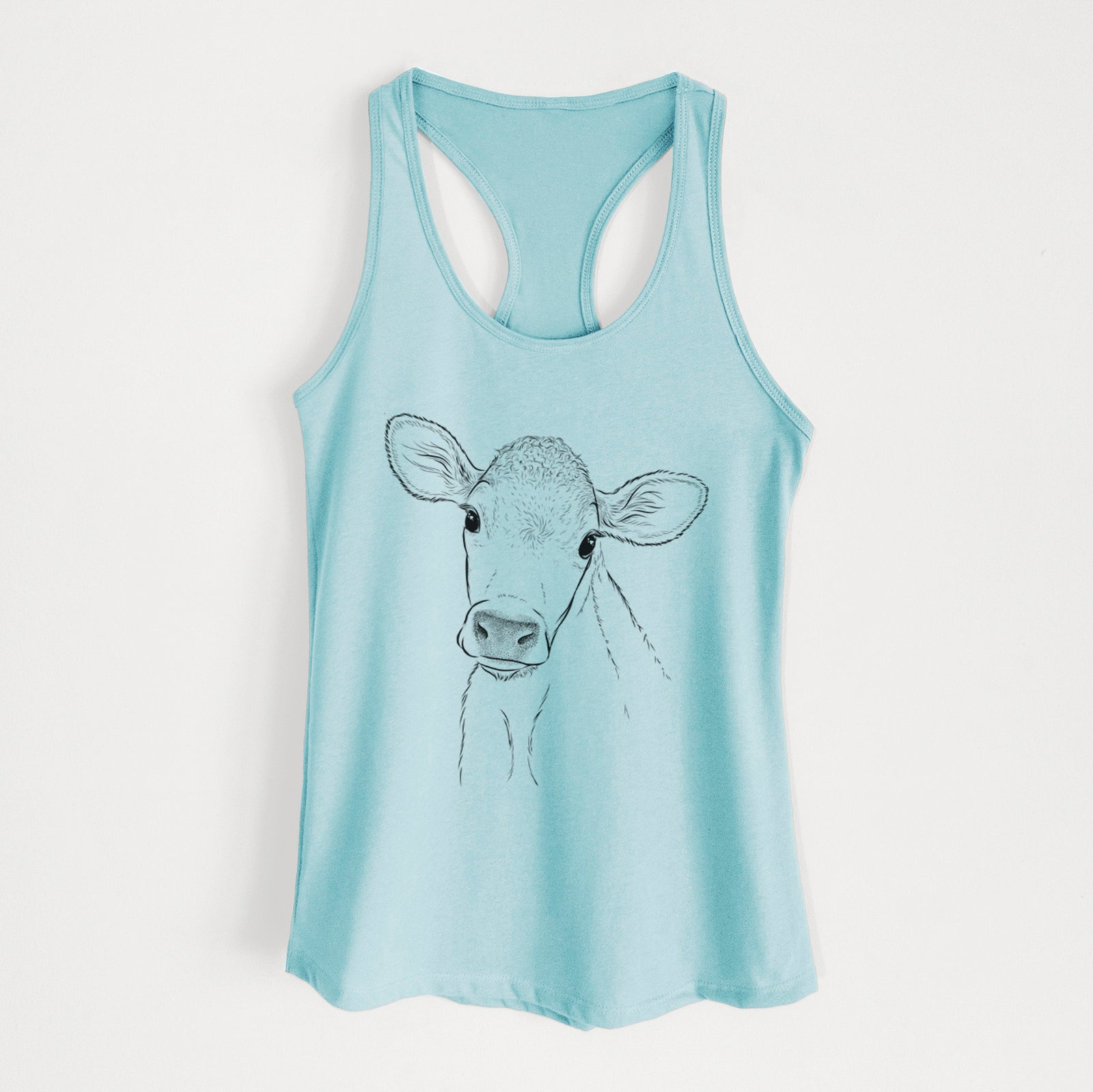 Hand-drawn sketch of Malu the Cow on a Cancun Blue Women's racerback tanktop