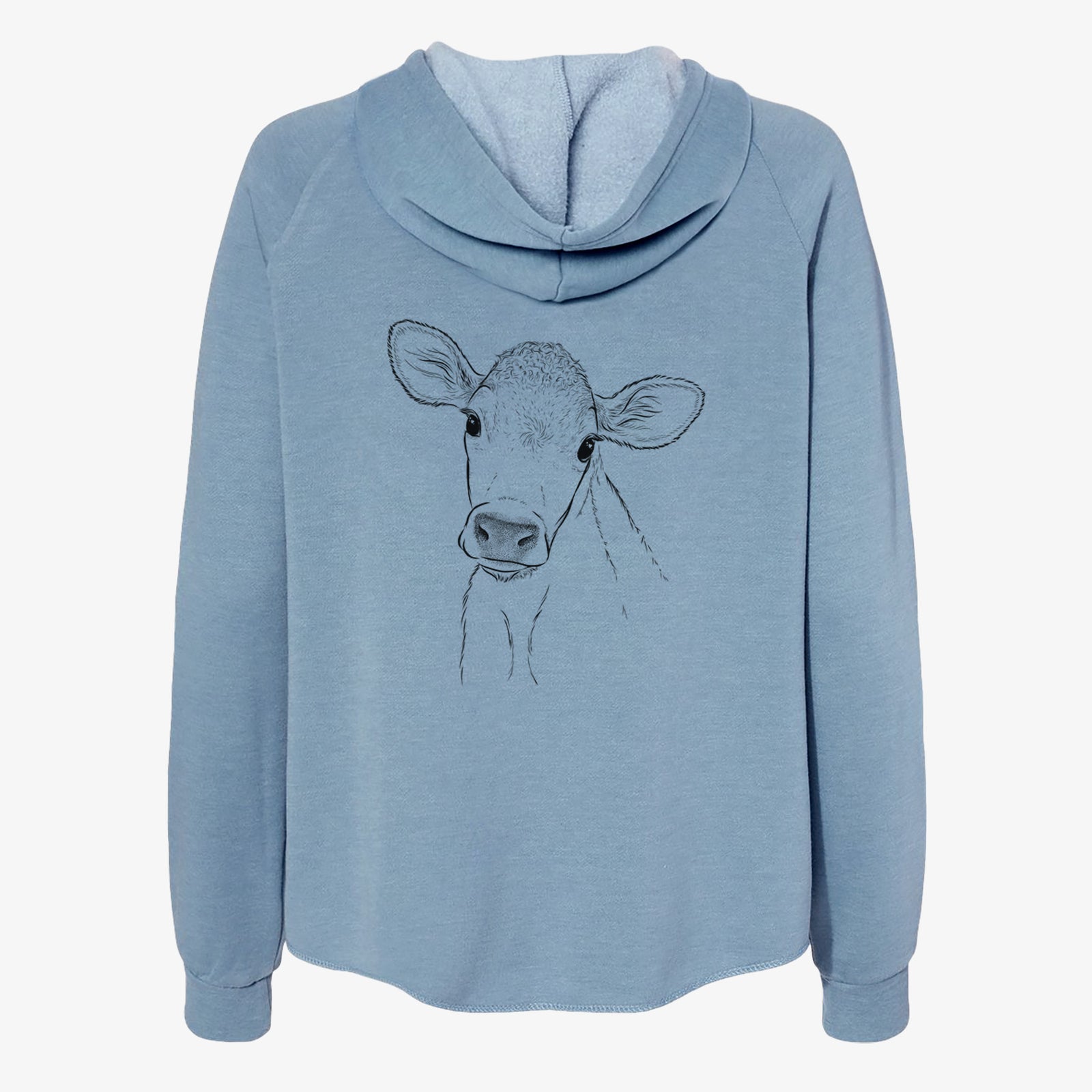 Hand-drawn sketch of Malu the Cow on a Misty Blue Women's cali wave zip-up sweatshirt