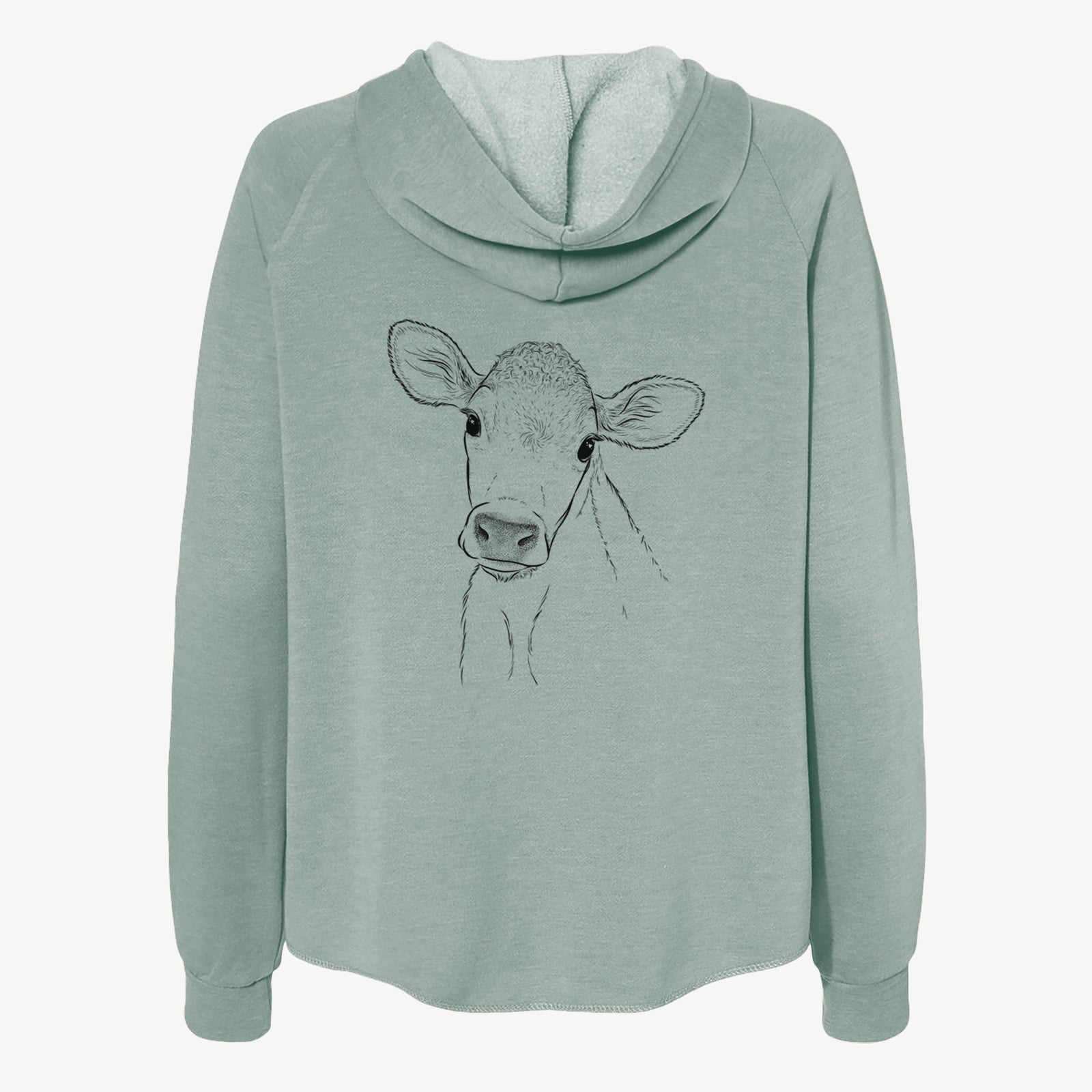 Hand-drawn sketch of Malu the Cow on a Sage Women's cali wave zip-up sweatshirt