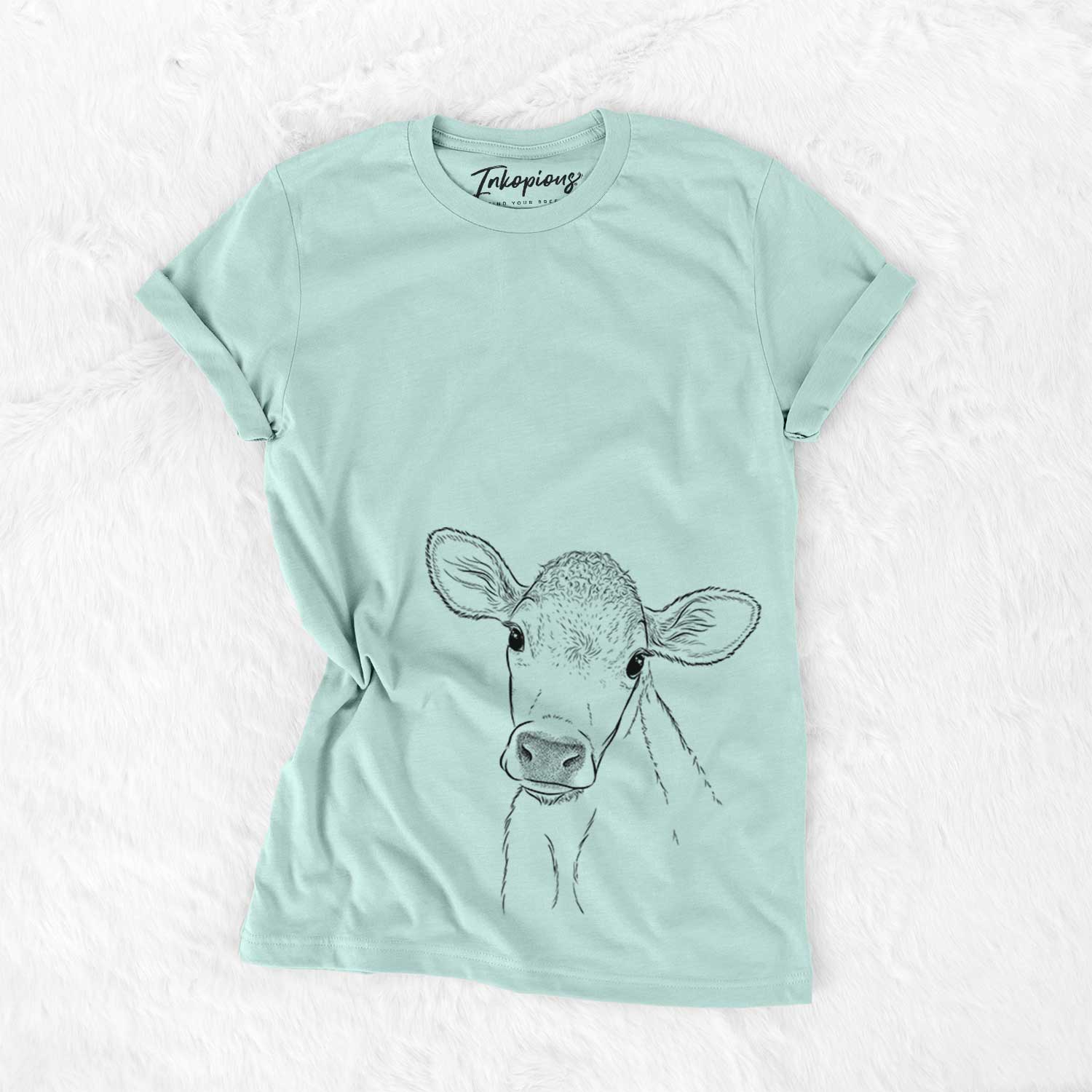 Hand-drawn sketch of Malu the Cow on a Heather Sage Bella Canvas Unisex Crewneck