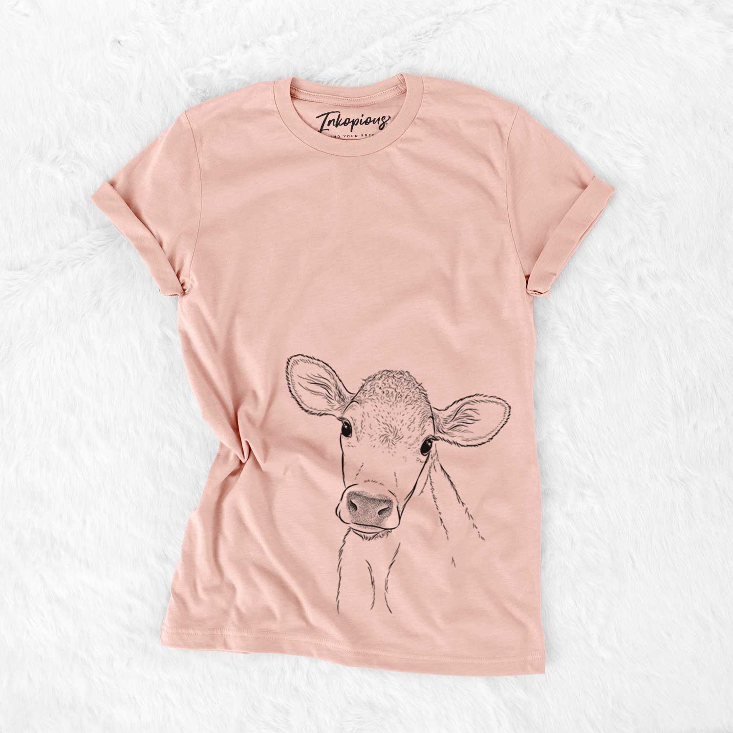 Hand-drawn sketch of Malu the Cow on a Peach Bella Canvas Unisex Crewneck