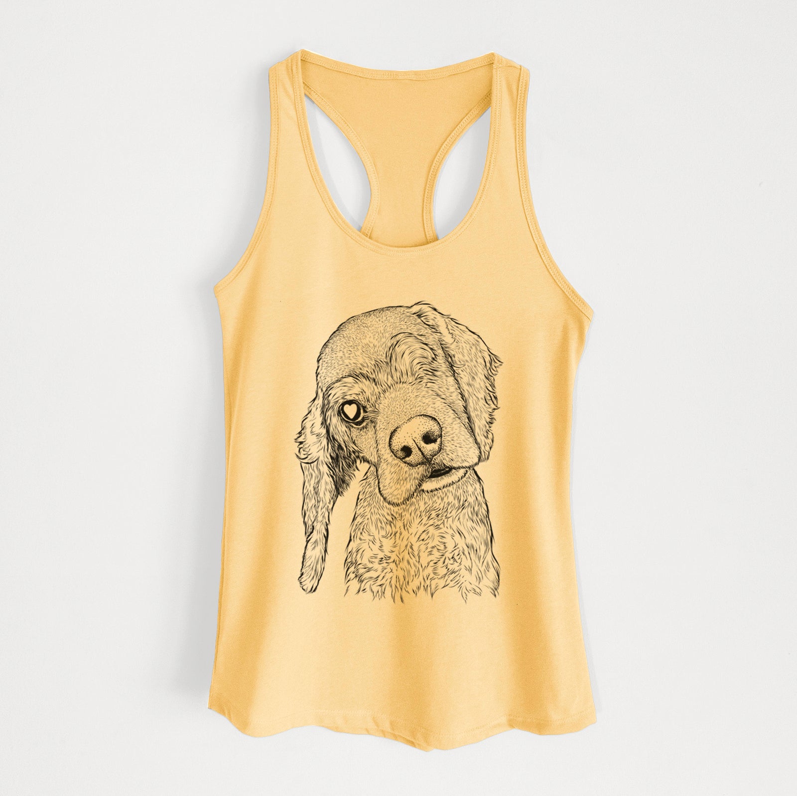 Hand-drawn sketch of Mambo #5 the Cocker Spaniel on a Banana Cream Women's racerback tanktop