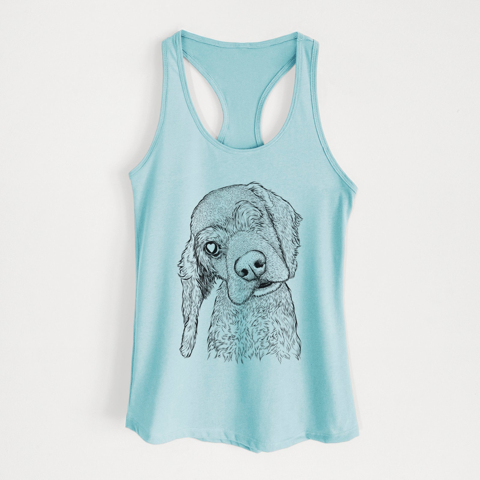 Hand-drawn sketch of Mambo #5 the Cocker Spaniel on a Cancun Blue Women's racerback tanktop