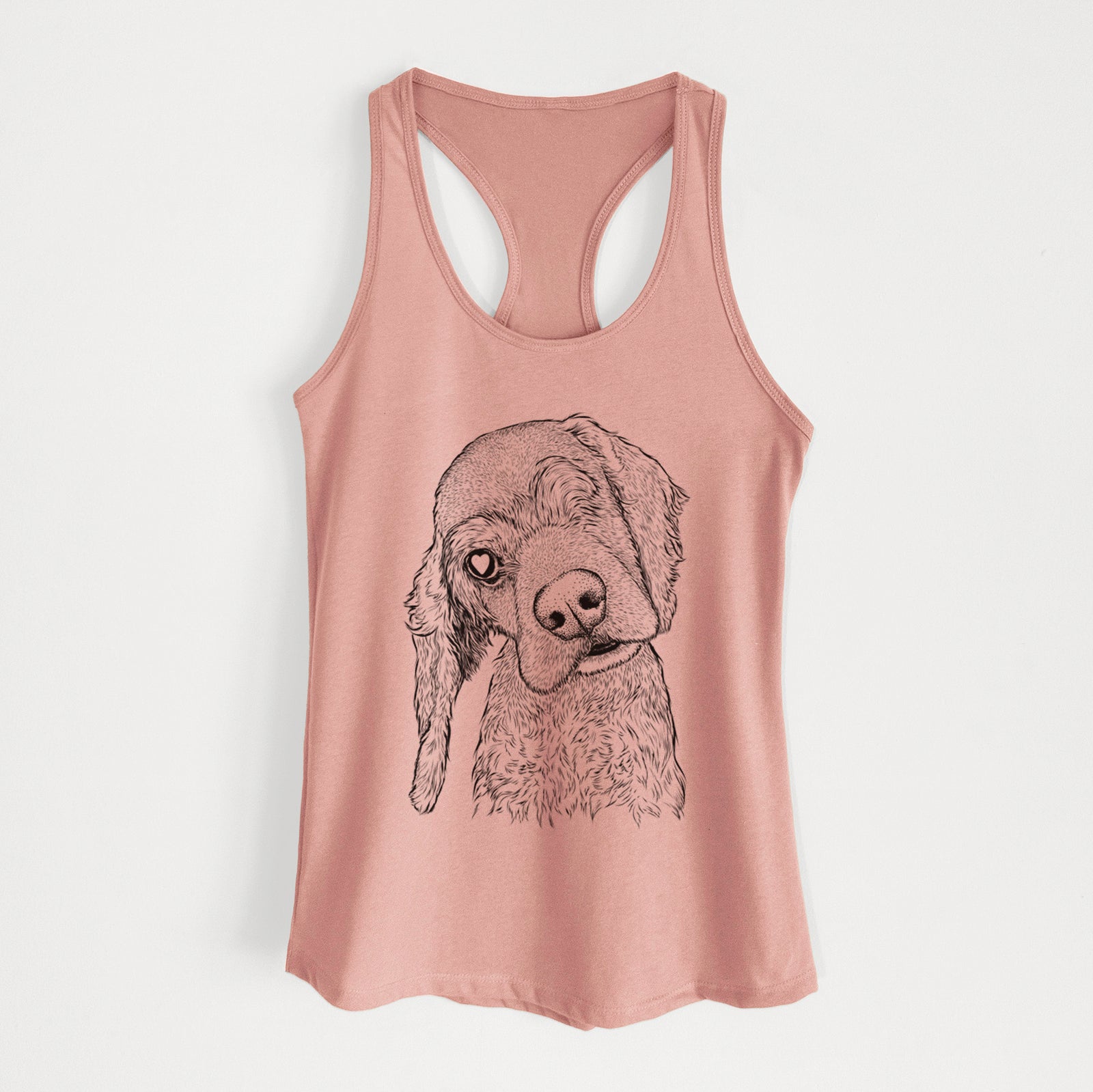 Hand-drawn sketch of Mambo #5 the Cocker Spaniel on a Desert Pink Women's racerback tanktop