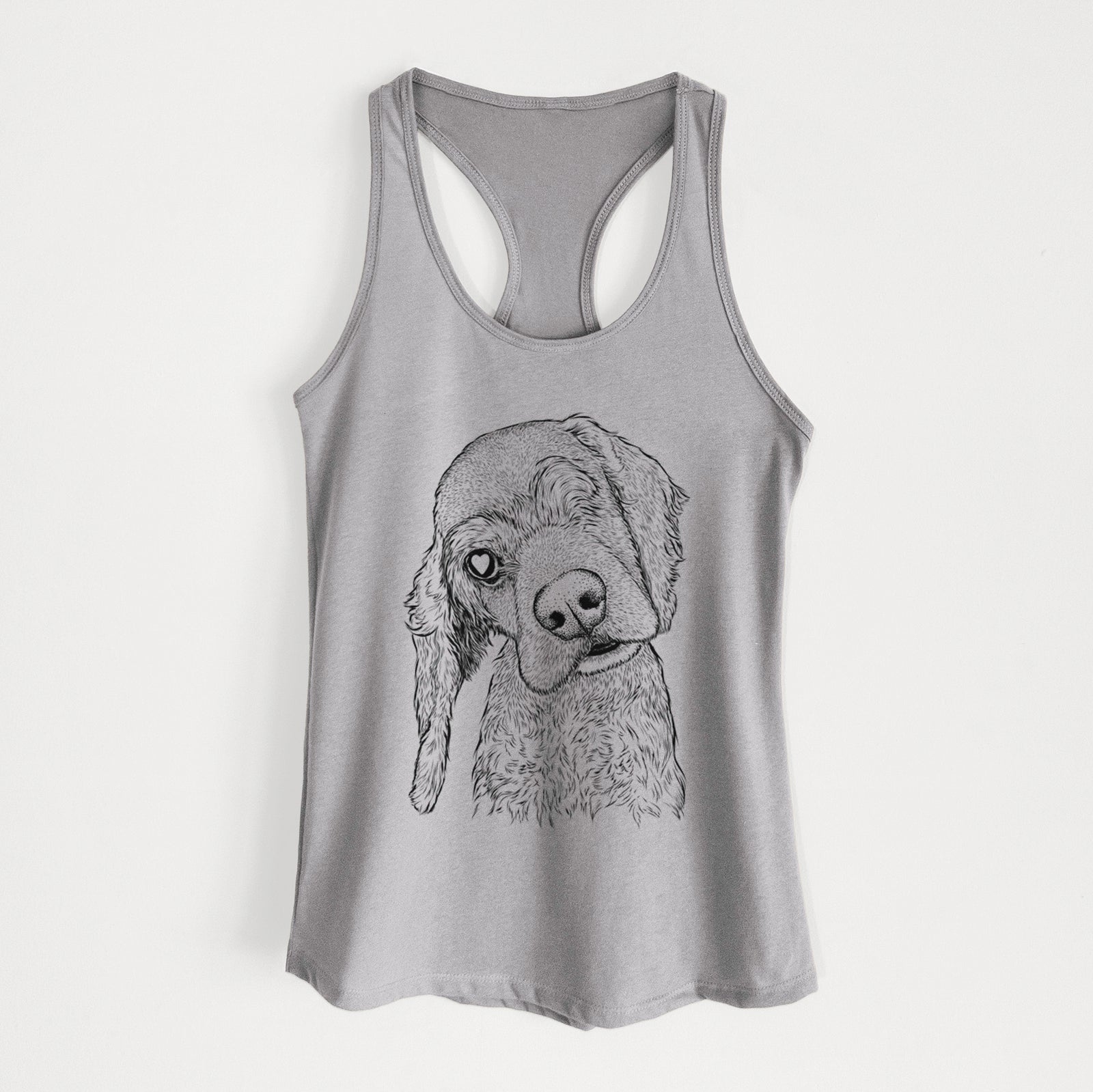 Hand-drawn sketch of Mambo #5 the Cocker Spaniel on a Heather Grey Women's racerback tanktop