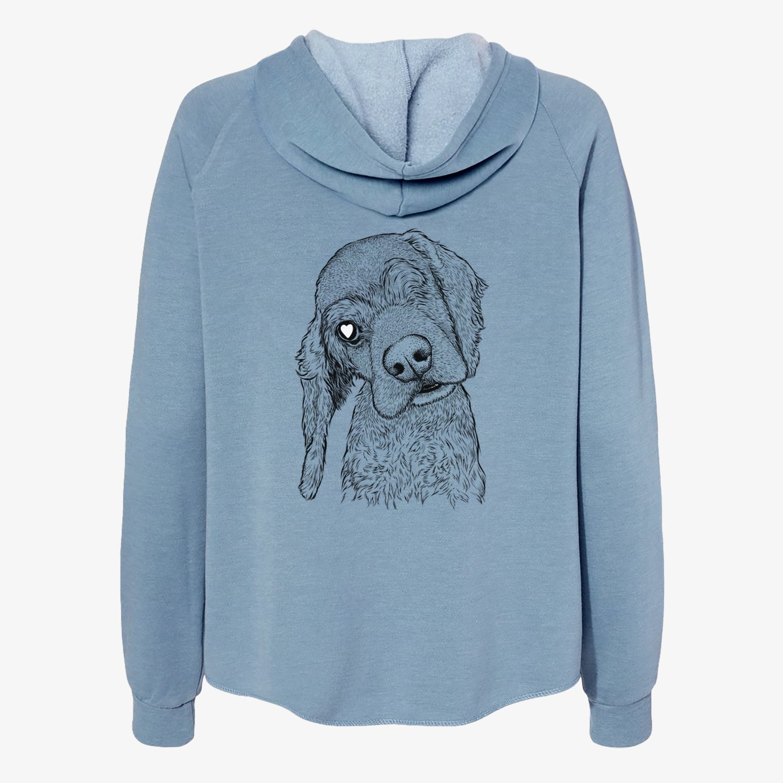 Hand-drawn sketch of Mambo #5 the Cocker Spaniel on a Misty Blue Women's cali wave zip-up sweatshirt