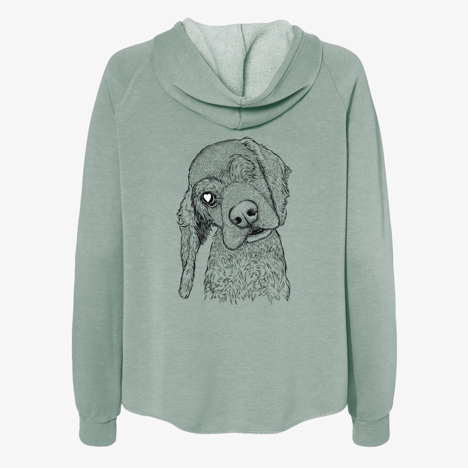 Hand-drawn sketch of Mambo #5 the Cocker Spaniel on a Sage Women's cali wave zip-up sweatshirt