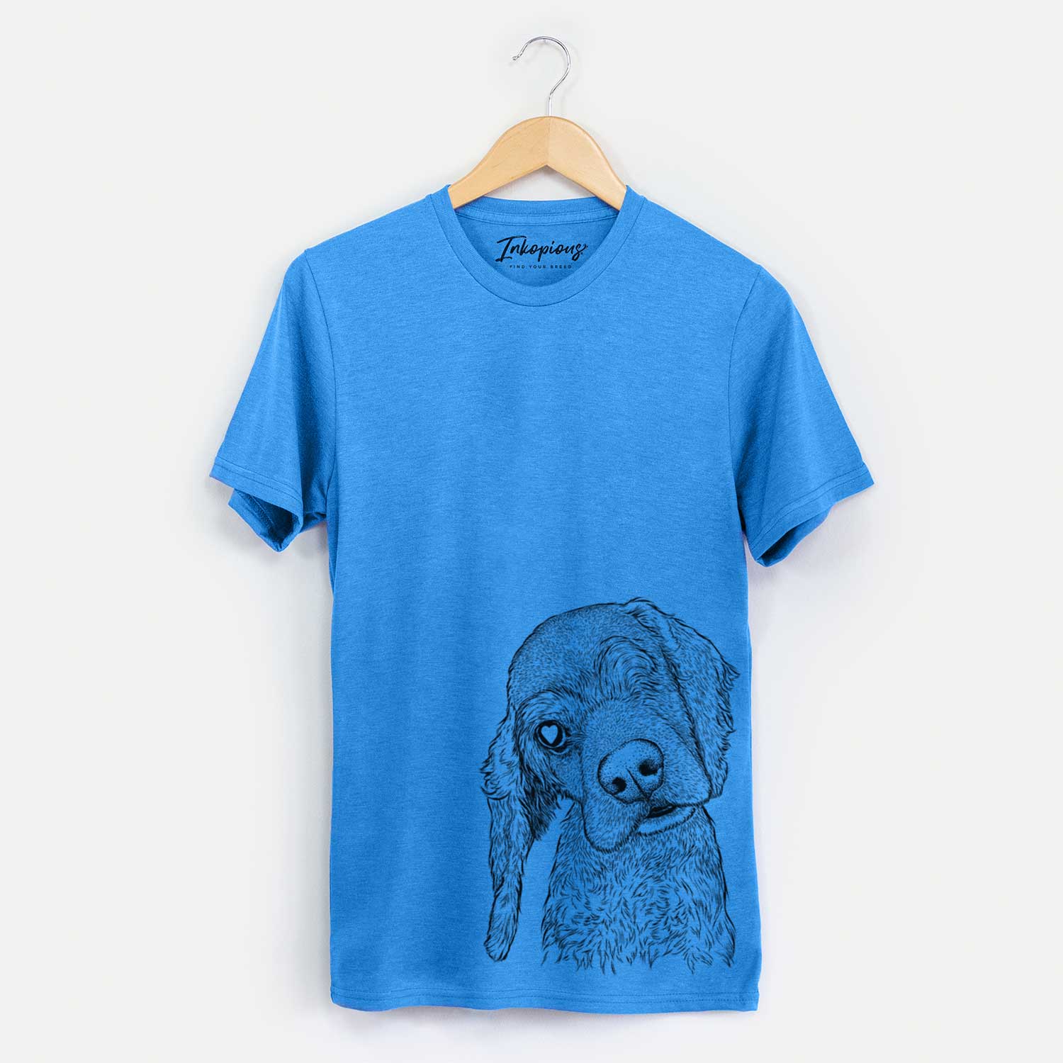 Hand-drawn sketch of Mambo #5 the Cocker Spaniel on a Blue Unisex crewneck