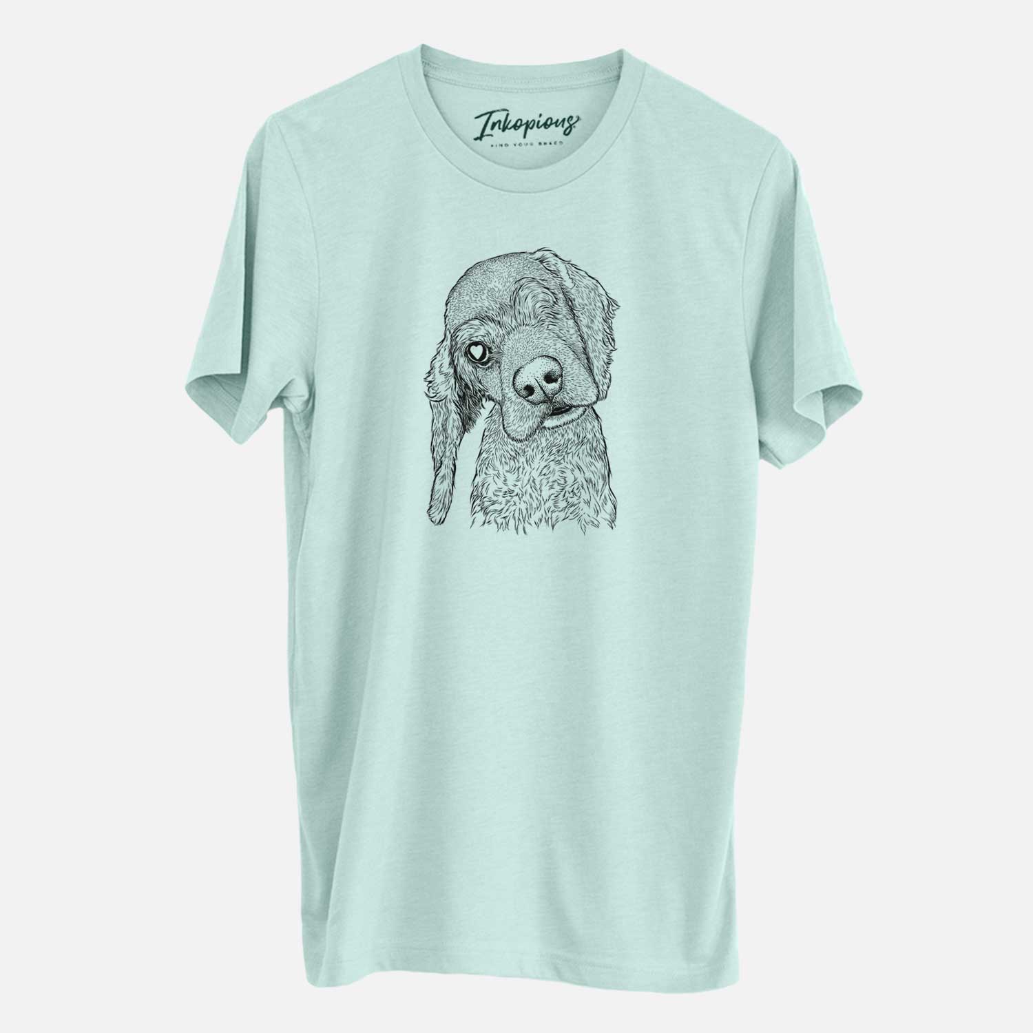 Hand-drawn sketch of Mambo #5 the Cocker Spaniel on a Heather Sage Unisex crewneck