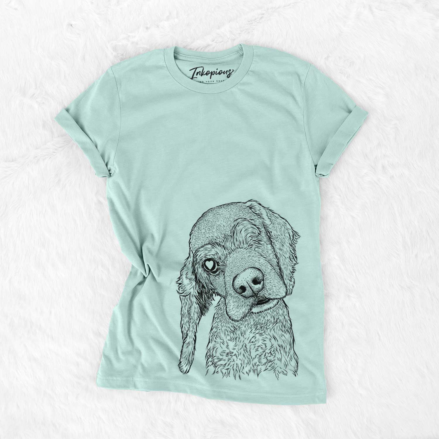 Hand-drawn sketch of Mambo #5 the Cocker Spaniel on a Heather Sage Bella Canvas Unisex Crewneck