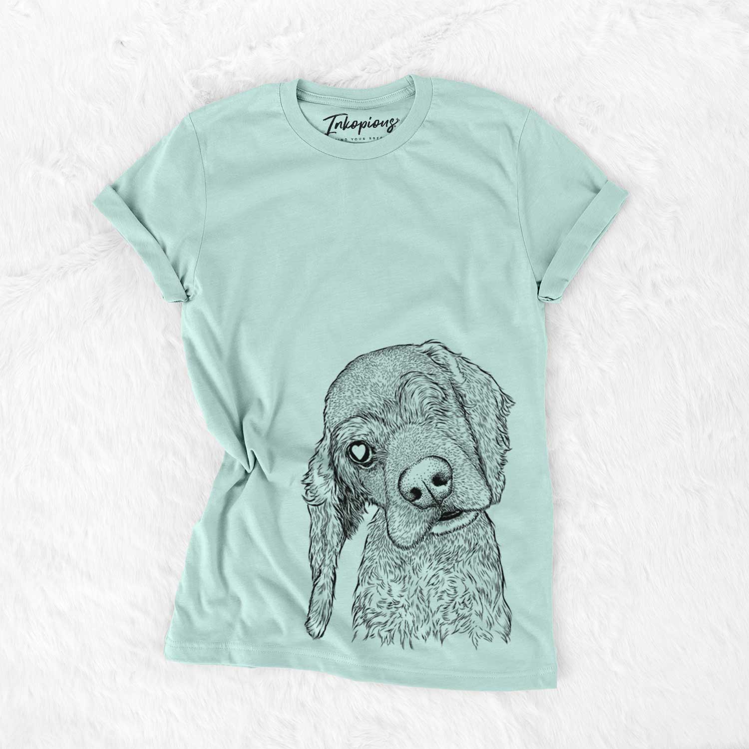 Hand-drawn sketch of Mambo #5 the Cocker Spaniel on a Heather Sage Unisex crewneck