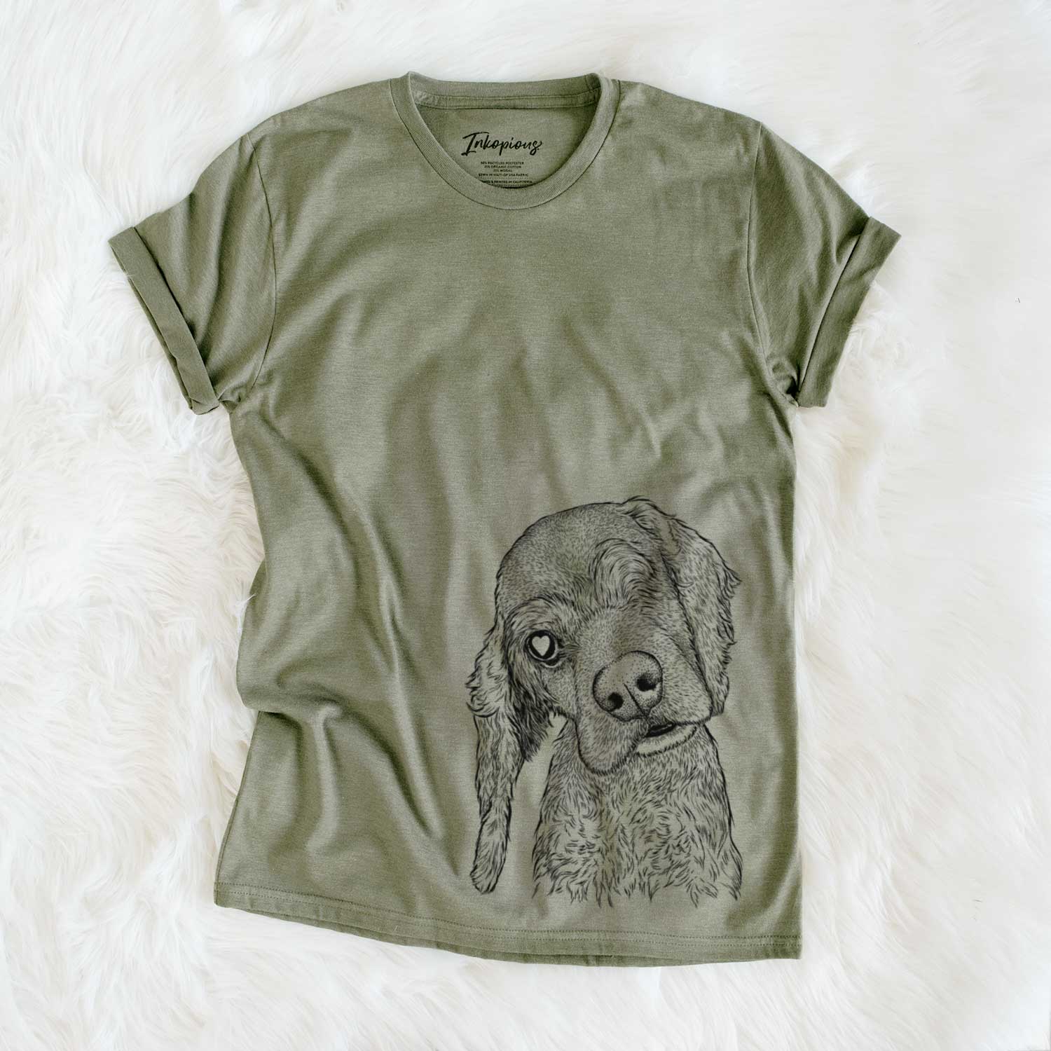 Hand-drawn sketch of Mambo #5 the Cocker Spaniel on an Olive Unisex crewneck