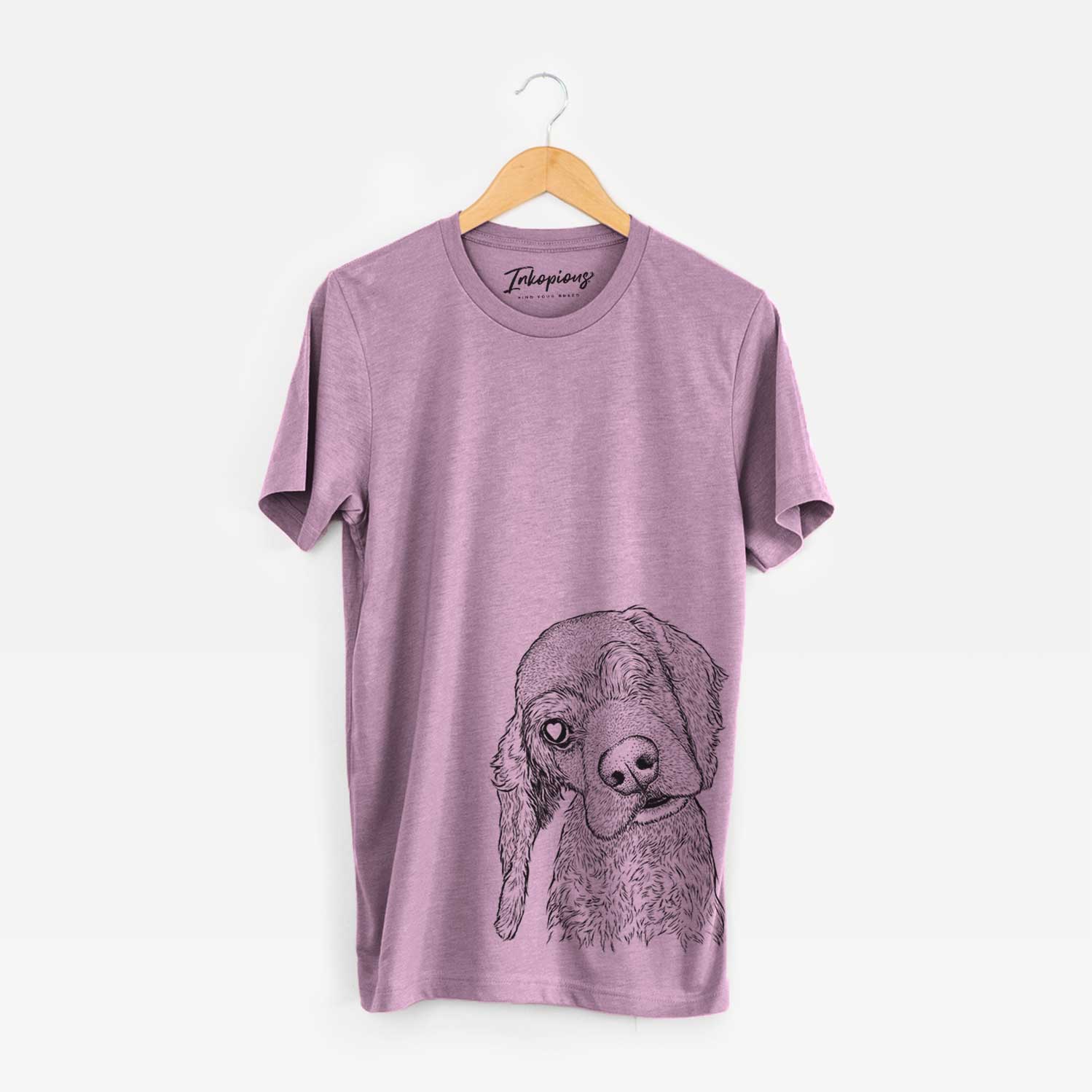 Hand-drawn sketch of Mambo #5 the Cocker Spaniel on an Orchid Bella Canvas Unisex Crewneck