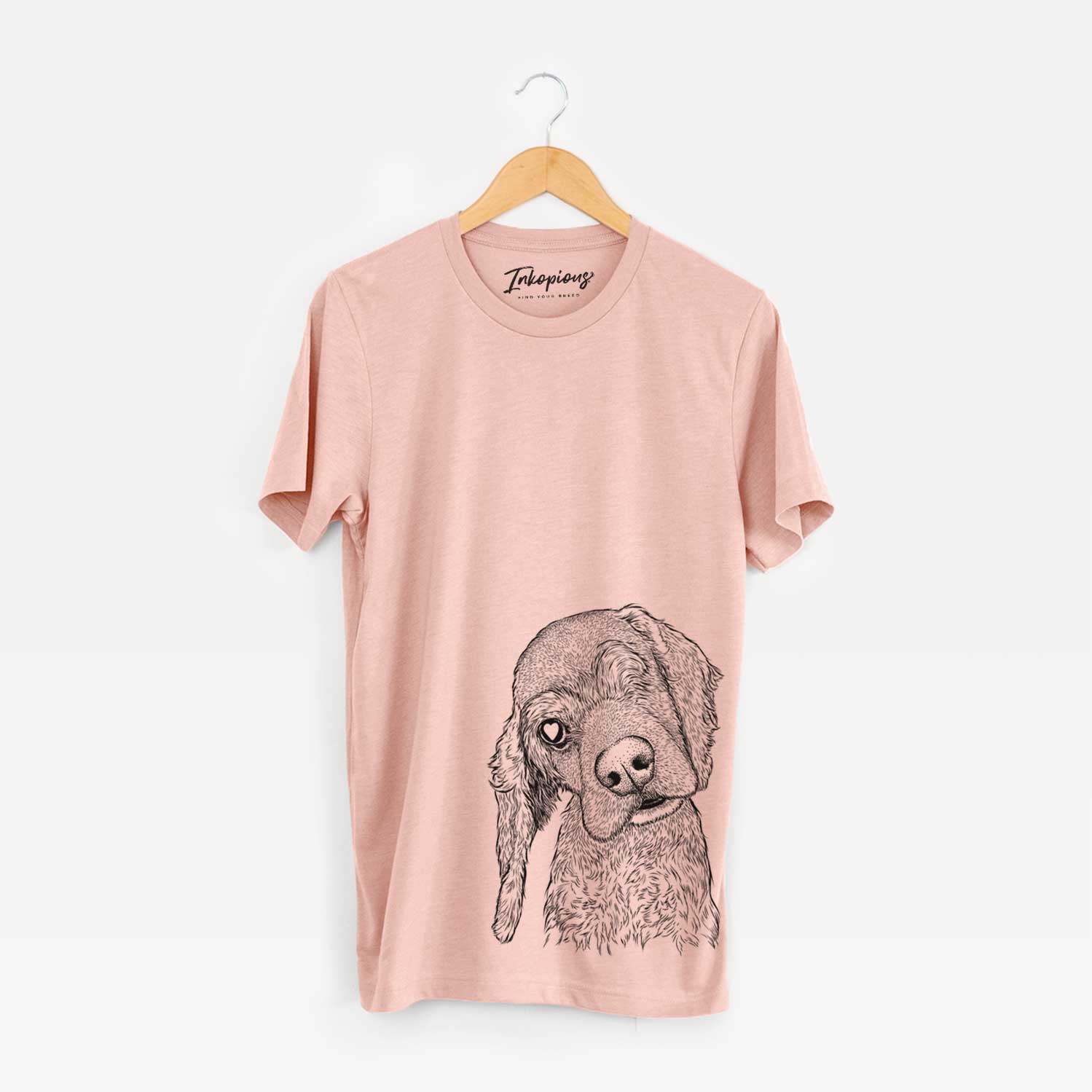 Hand-drawn sketch of Mambo #5 the Cocker Spaniel on a Peach Unisex crewneck