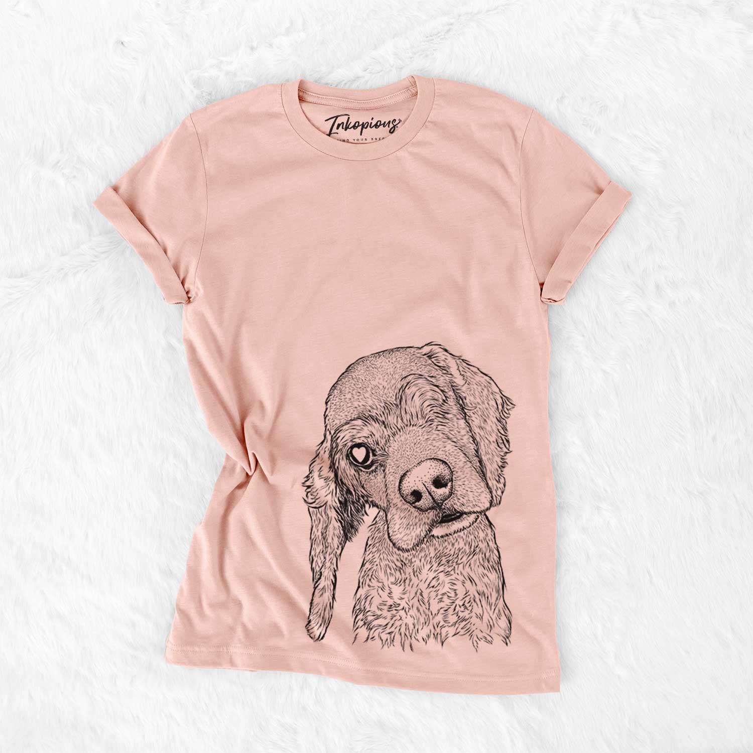 Hand-drawn sketch of Mambo #5 the Cocker Spaniel on a Peach Bella Canvas Unisex Crewneck