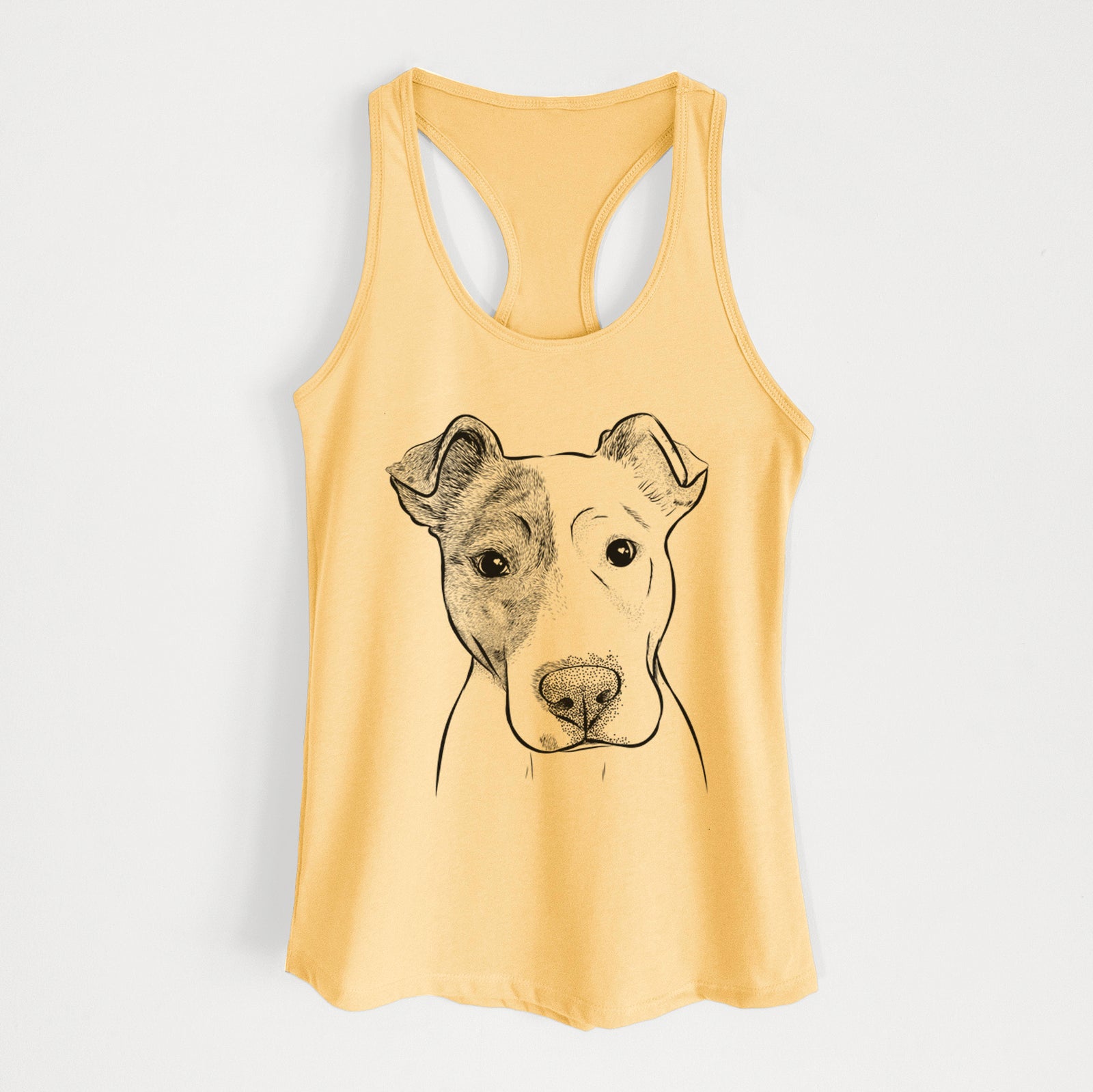 Hand-drawn sketch of Manchi the Pitbull Mix on a Banana Cream Women's racerback tanktop