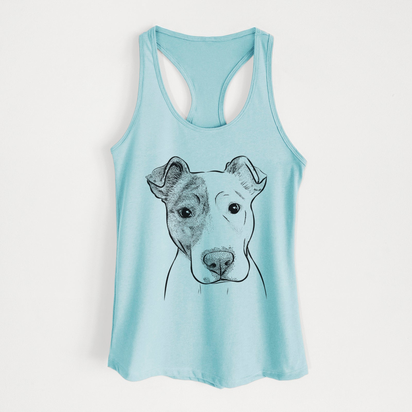 Hand-drawn sketch of Manchi the Pitbull Mix on a Cancun Blue Women's racerback tanktop