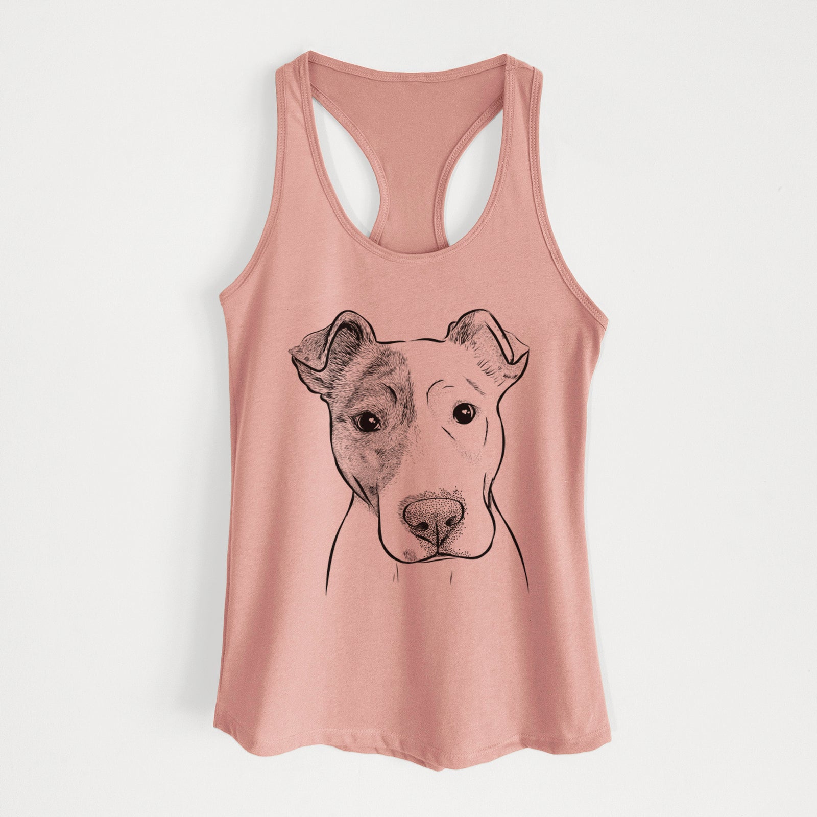 Hand-drawn sketch of Manchi the Pitbull Mix on a Desert Pink Women's racerback tanktop