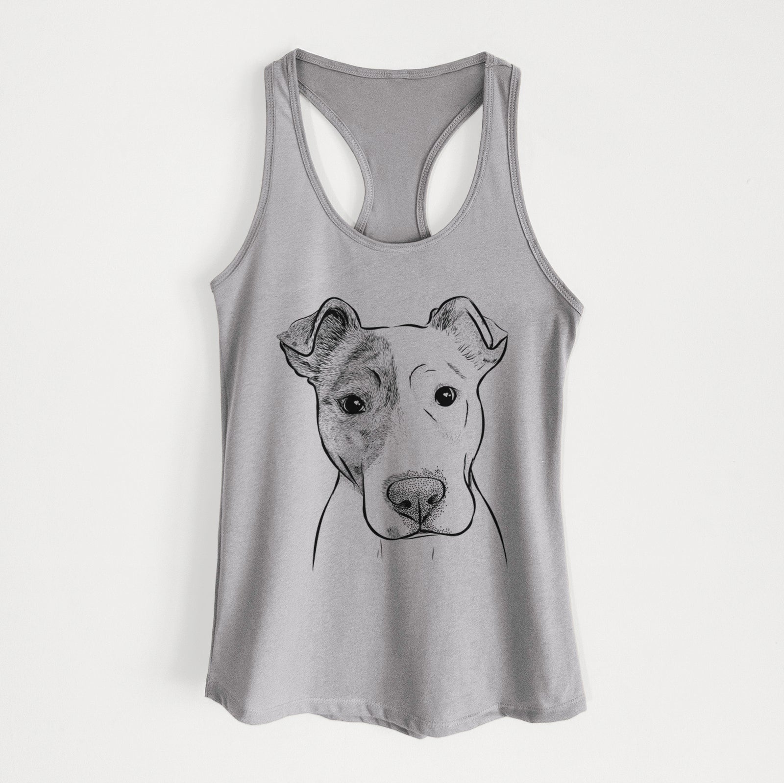 Hand-drawn sketch of Manchi the Pitbull Mix on a Heather Grey Women's racerback tanktop