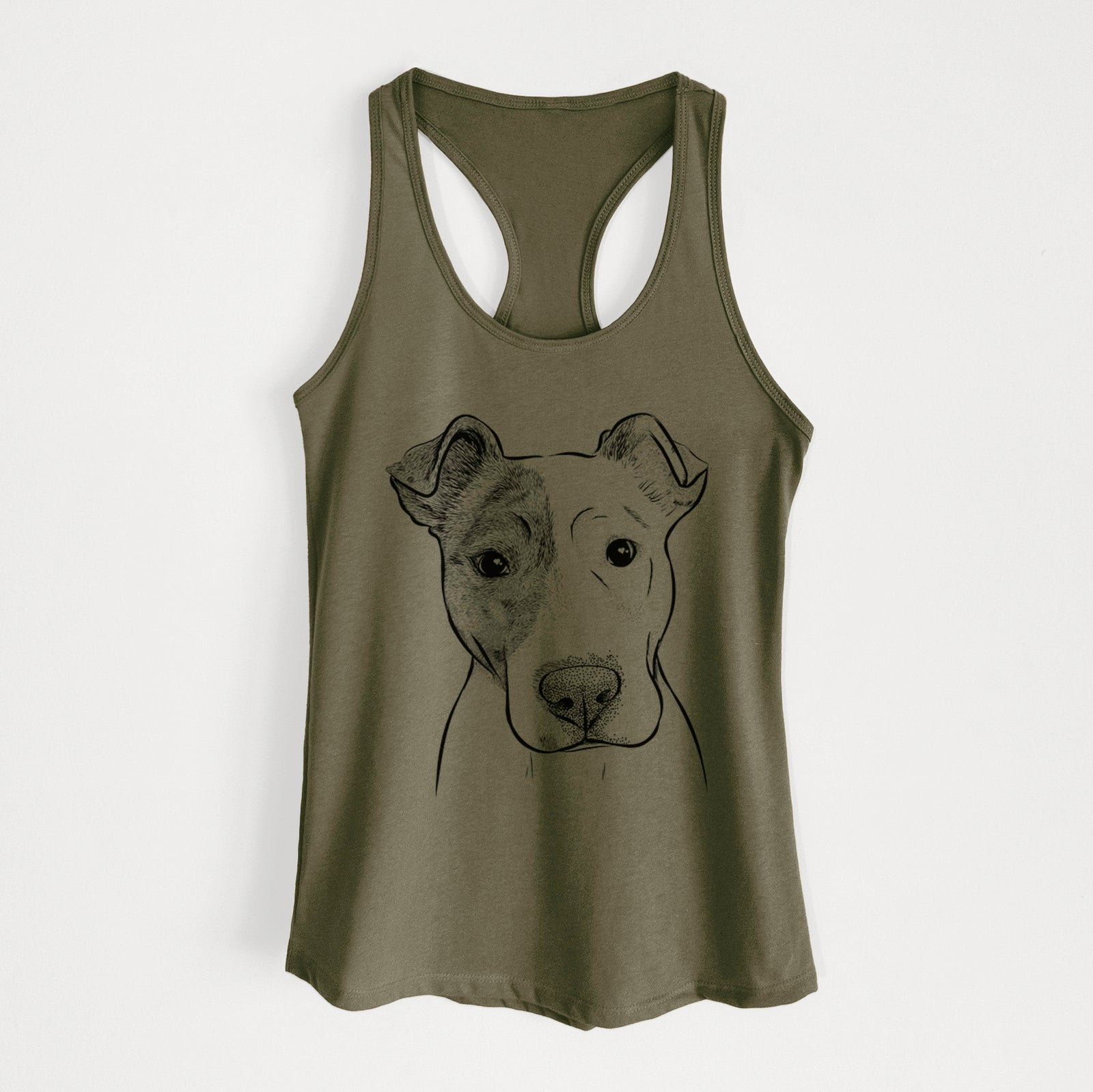 Hand-drawn sketch of Manchi the Pitbull Mix on a Military Green Women's racerback tanktop