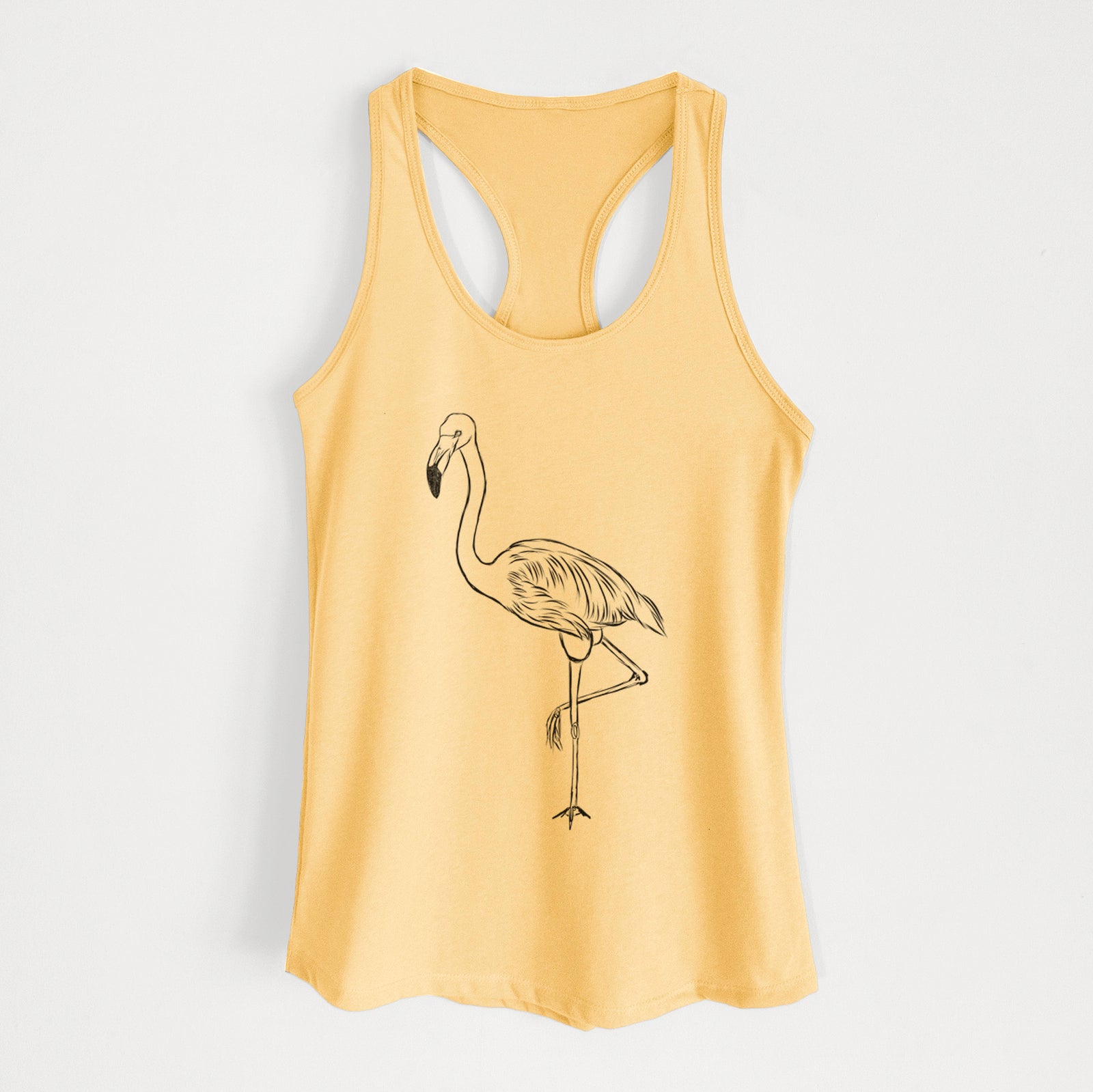 Hand-drawn sketch of Mango the Flamingo on a Banana Cream Women's racerback tanktop