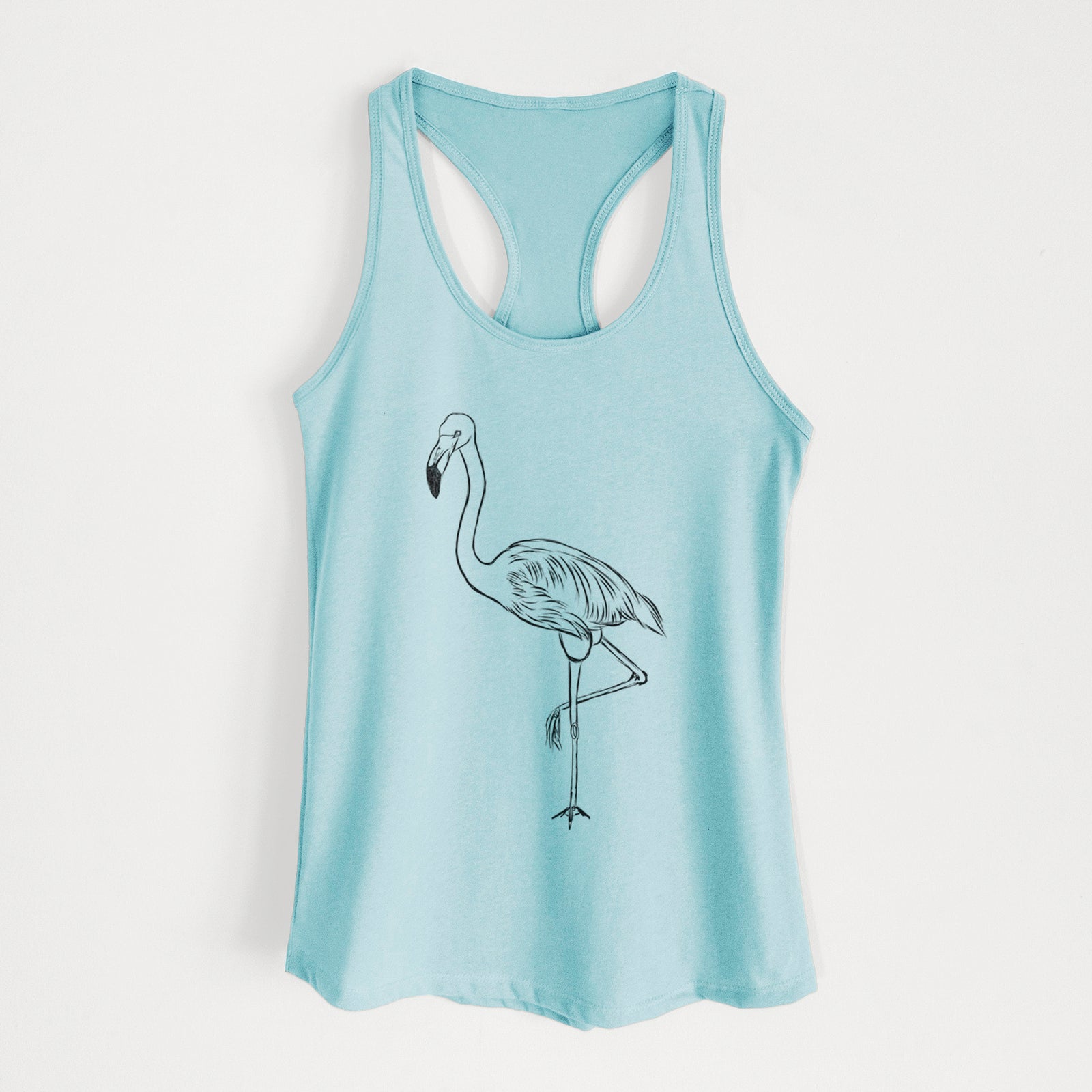 Hand-drawn sketch of Mango the Flamingo on a Cancun Blue Women's racerback tanktop