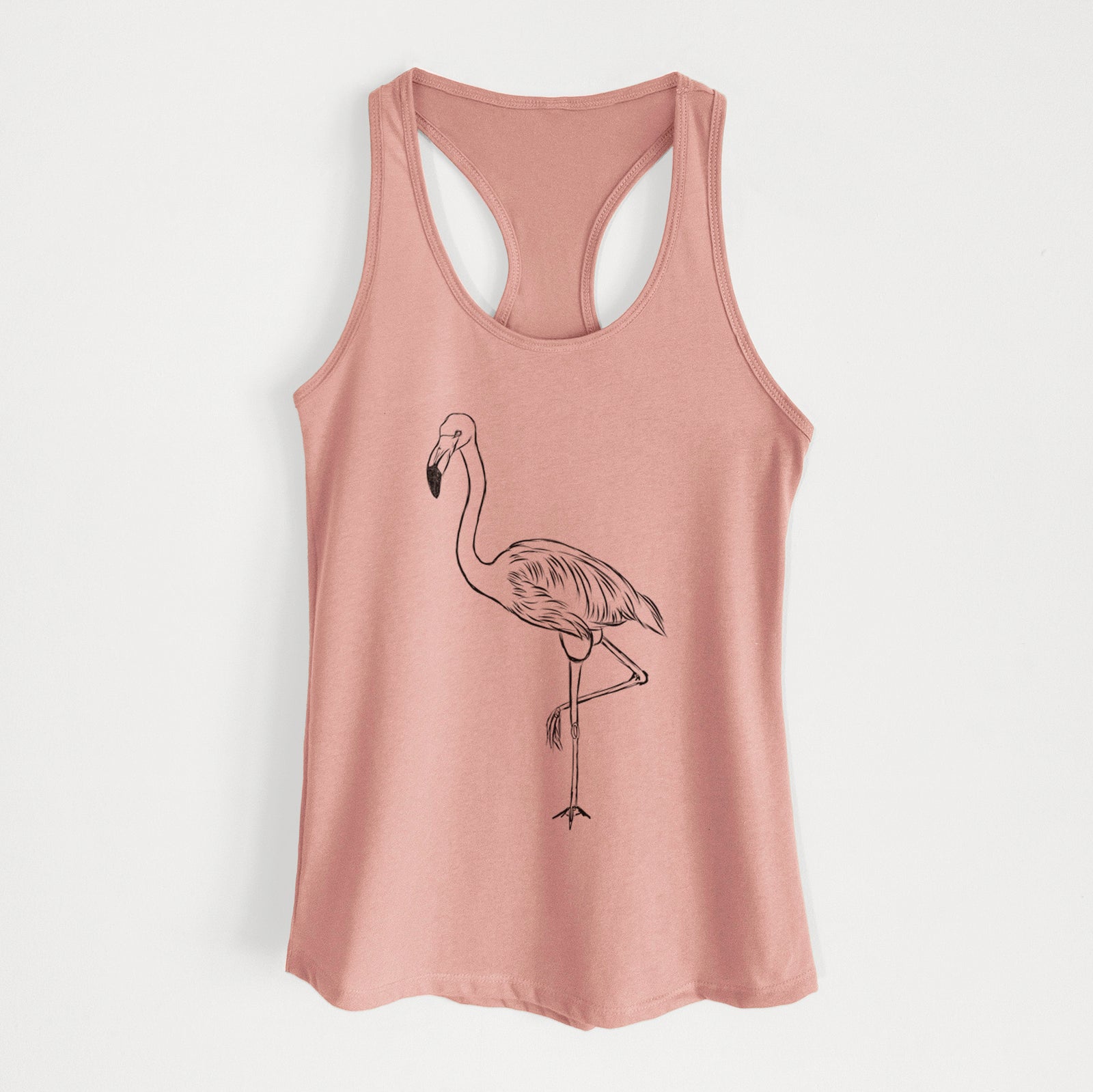 Hand-drawn sketch of Mango the Flamingo on a Desert Pink Women's racerback tanktop