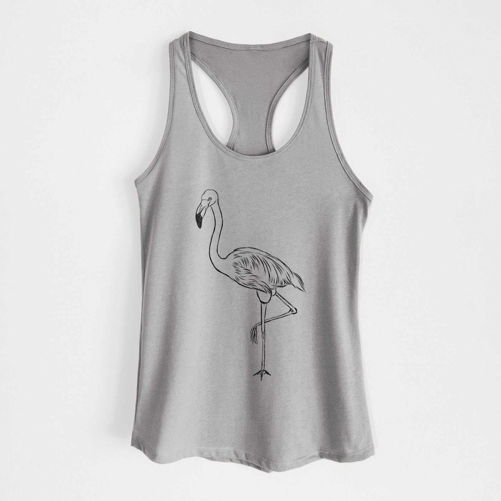 Hand-drawn sketch of Mango the Flamingo on a Heather Grey Women's racerback tanktop