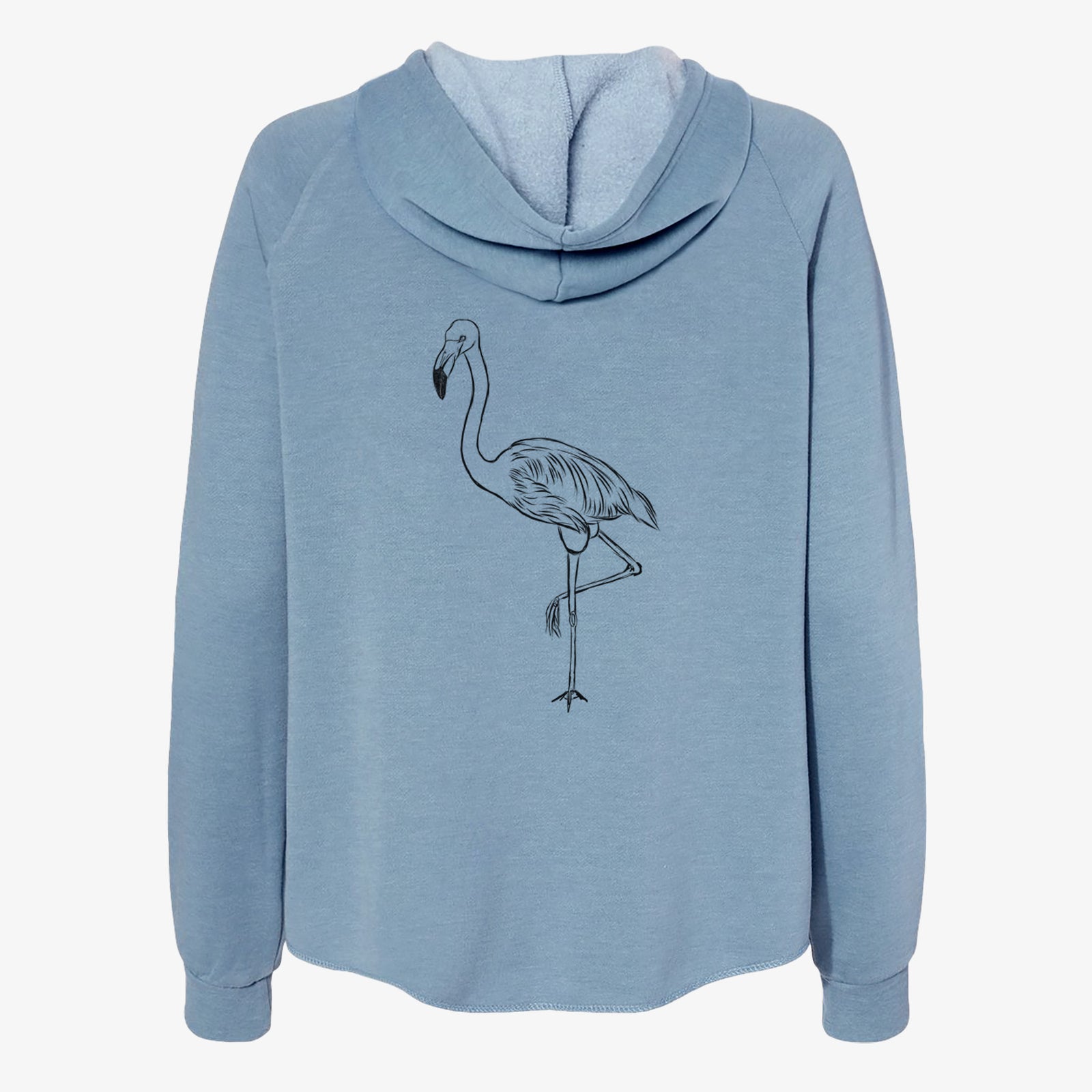 Hand-drawn sketch of Mango the Flamingo on a Misty Blue Women's cali wave zip-up sweatshirt