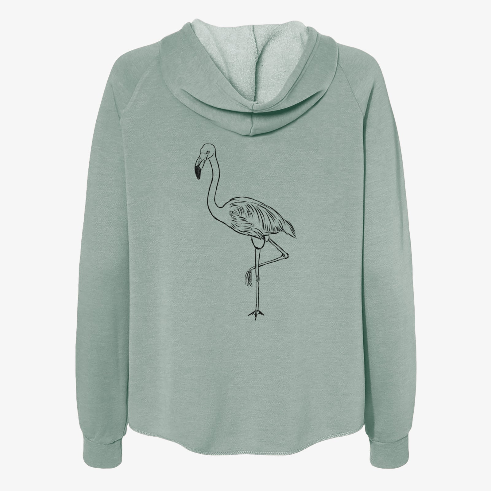 Hand-drawn sketch of Mango the Flamingo on a Sage Women's cali wave zip-up sweatshirt