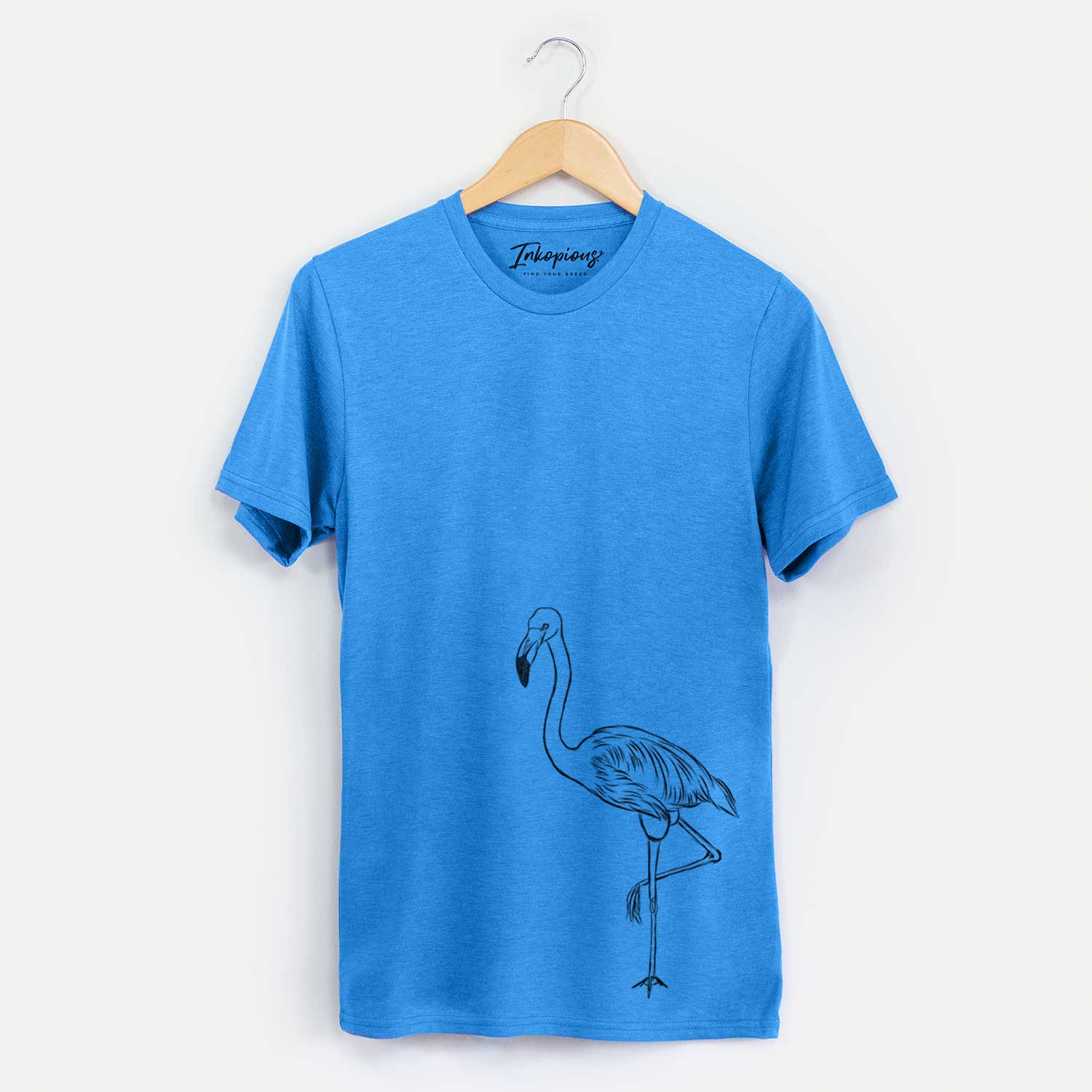 Hand-drawn sketch of Mango the Flamingo on a Blue Unisex crewneck